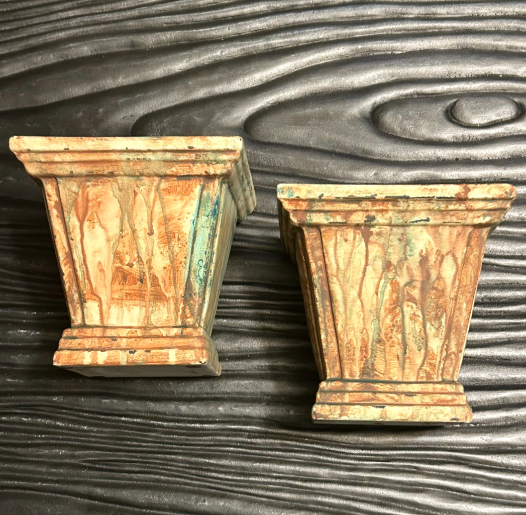 Pair Vintage GARDEN PLASTER PLANTERS Rusty Urns Glossy Matte Clay Pottery 6 x 6