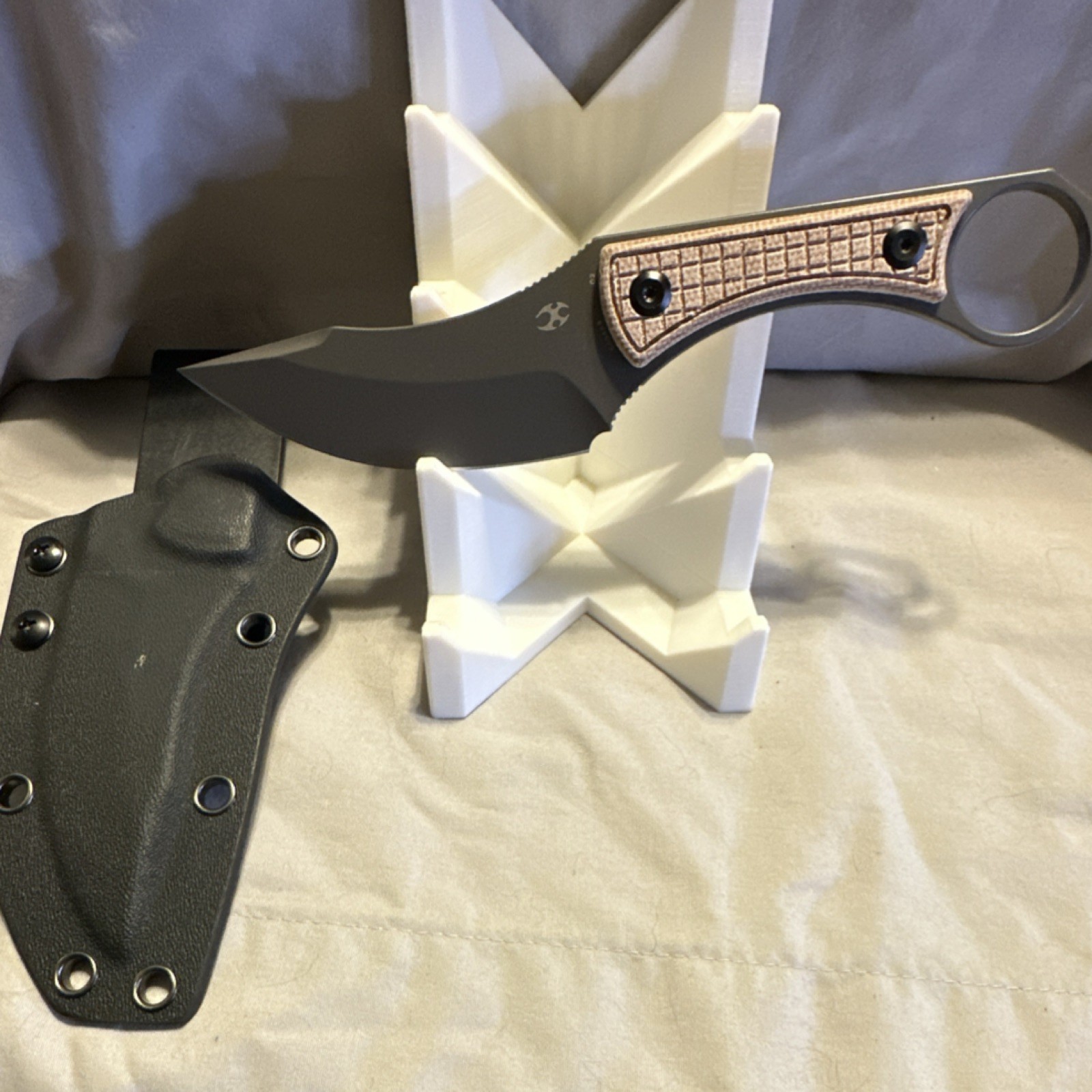 Kansept Karambit Fixed Blade Knife Grey TiCn D2 Brown Micarta Frag Pattern 3.54″