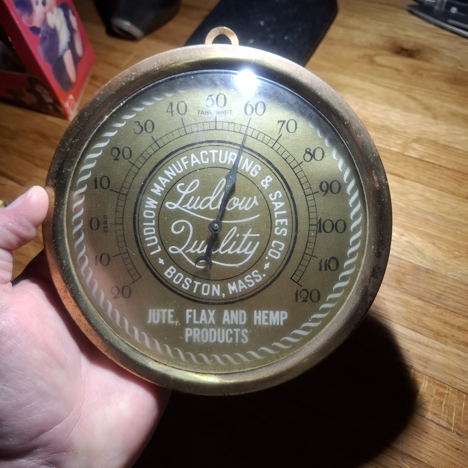 Vintage Brass thermometer Ludlow JUTE FLAX HEMP Boston mass