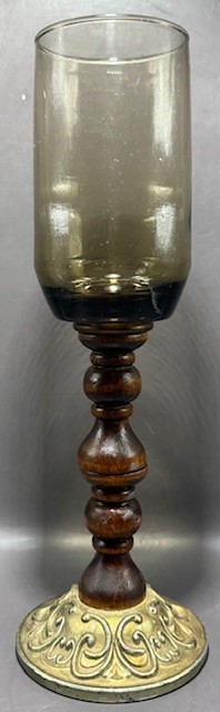 Vintage MCM Smokey Glass Votive Candle / Wine Goblet Wood Stem Metal Base 9”