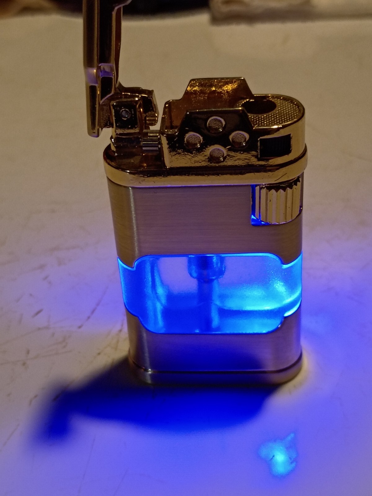 Gold Clear Butane Lighter Blue Light LED Adjustable Flame Collectible