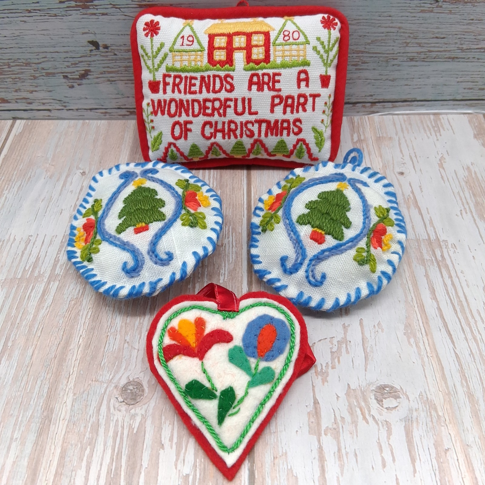Vintage Handmade Christmas Ornaments Felt Embroidered Set Folk Art Holiday Decor