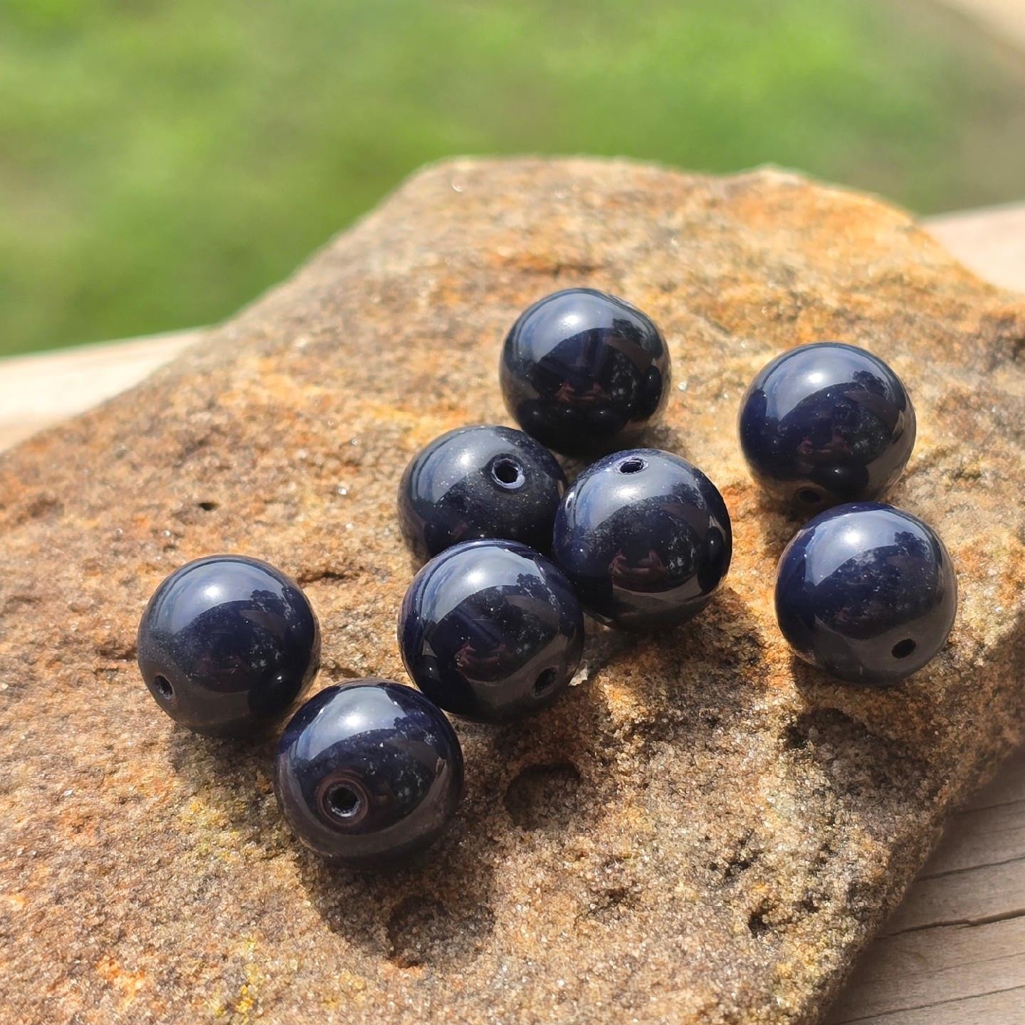 Vintage German Glass Round Beads 9mm Midnight Navy Blue Glossy 8pc