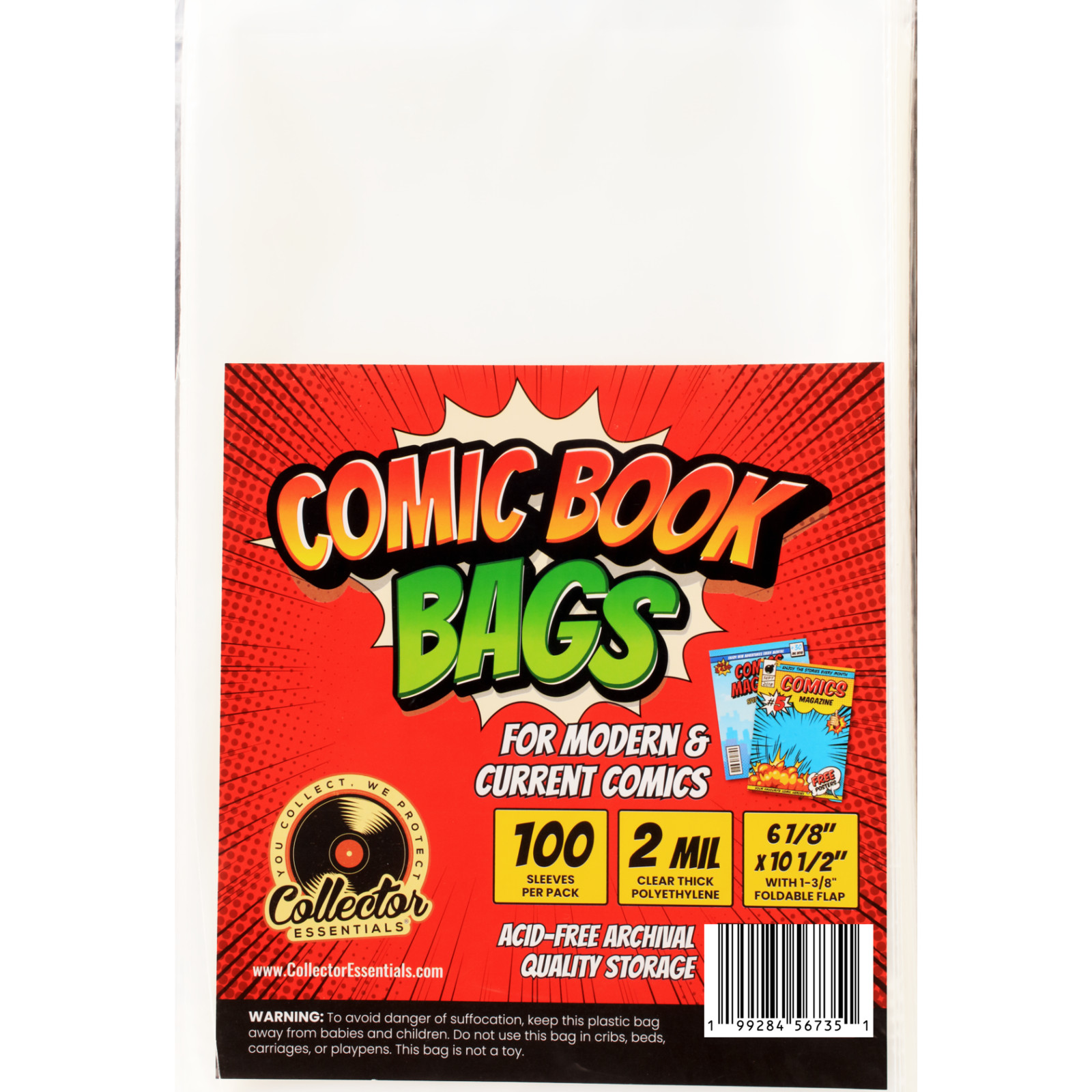100 Comic Book Bags for Current / Modern Comics 6 1/8 X 10″ + 1/2″ Foldable Flap