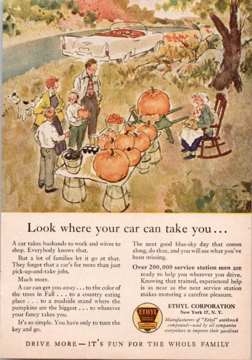 ETHYL Vintage Magazine Ad 1950s Fall Pumpkin Stand Classic Car Americana