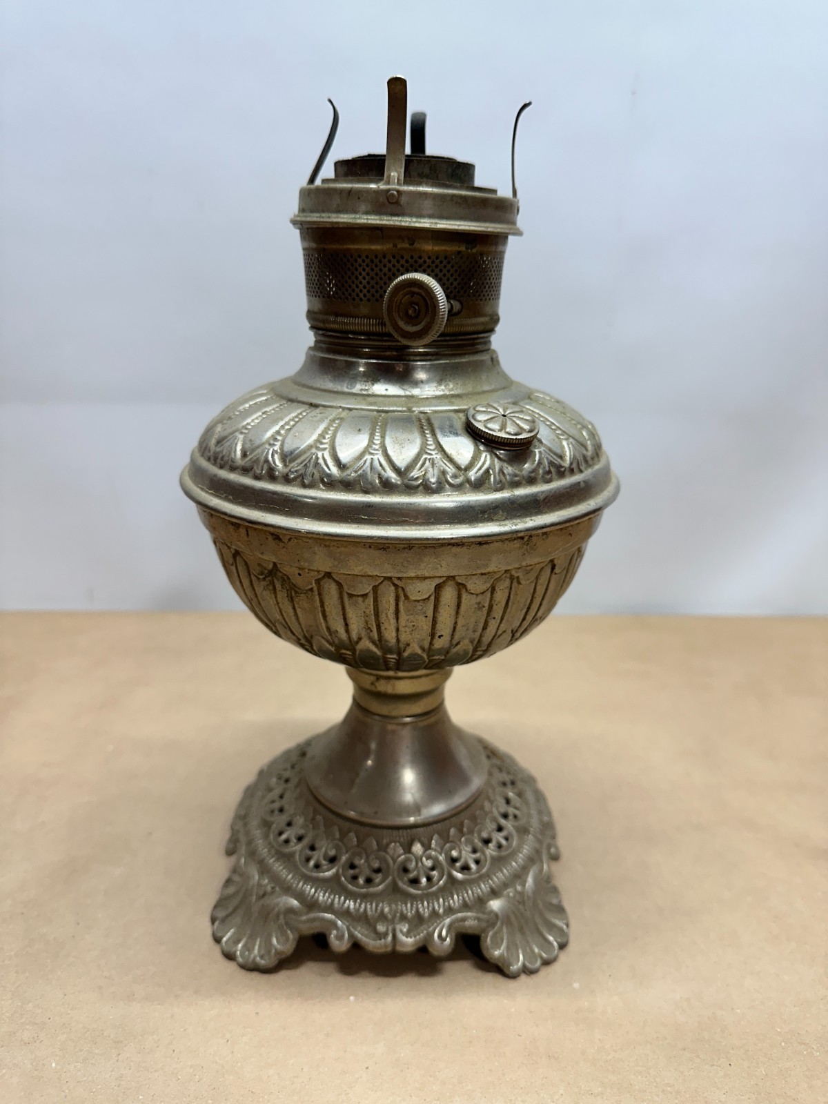 Unmarked Ornate Embossed Nickel Kerosene Oil Lamp, Antique Center Draft Table