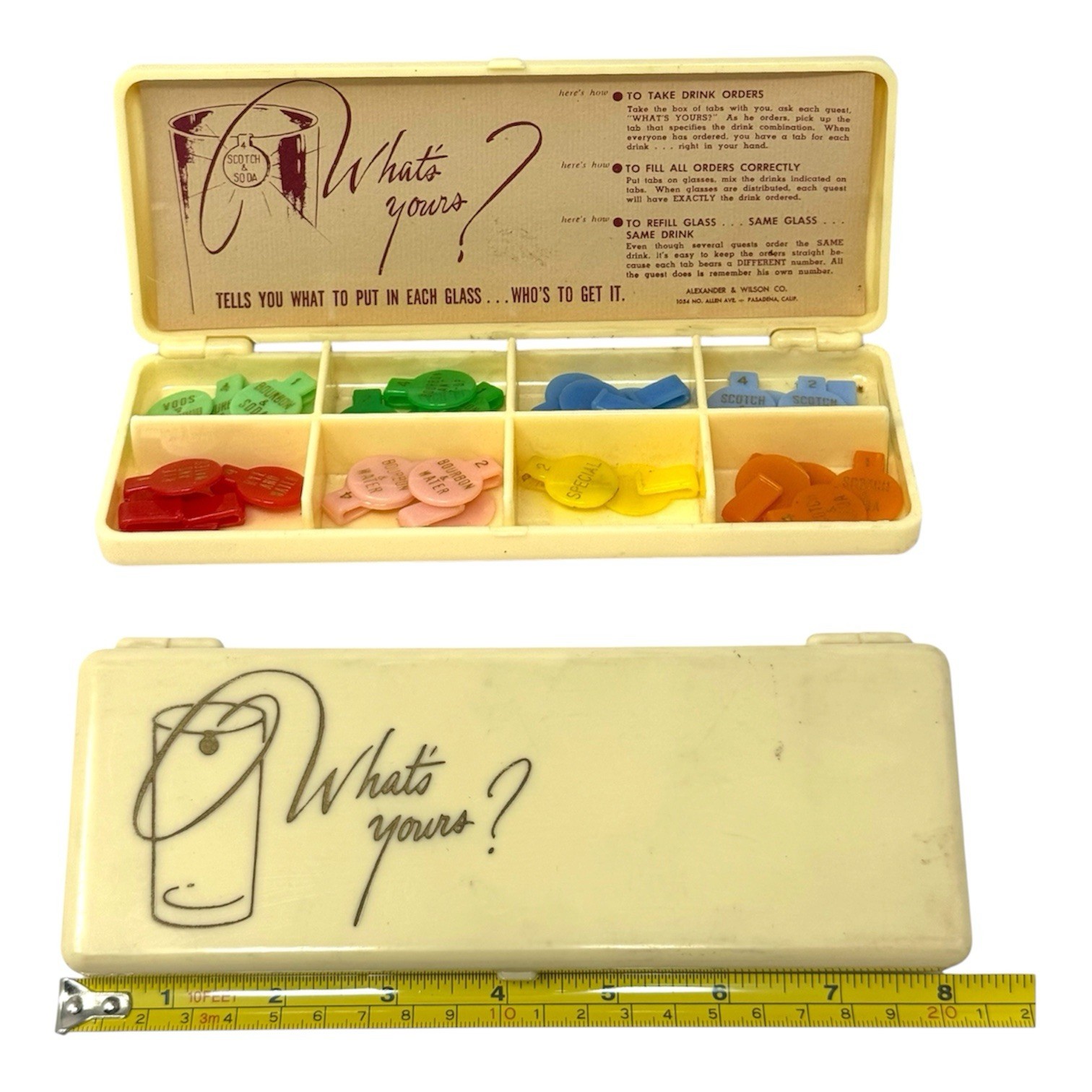 Vintage 50s 60s “What’s Yours?” Cocktail Drink Markers Barware Clips In Box MCM