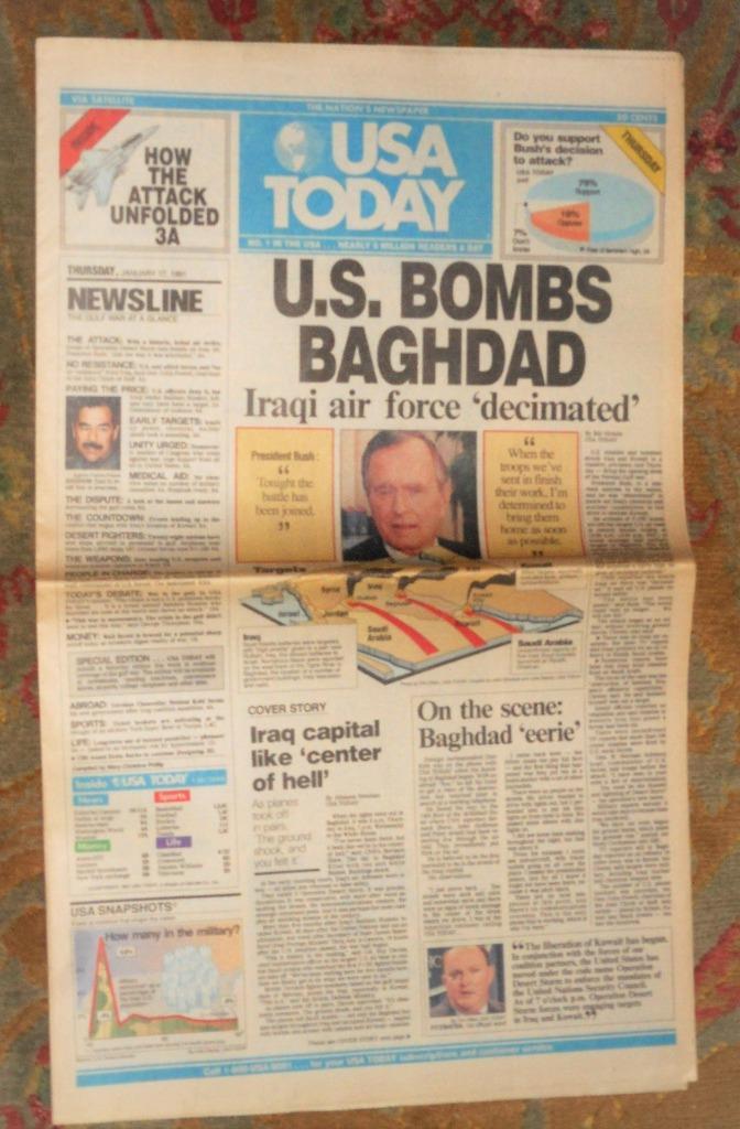 Jan. 17 1991 USA Today: U.S. BOMBS BAGHDAD Iraq War begins newspaper
