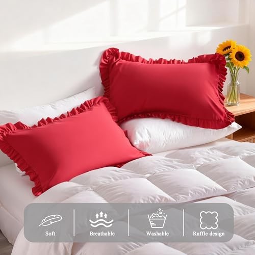 Ruffled Pillowcases, Standard Pillow Shams 20×26 Set 26″ x 20″ (Pack of 2) Red