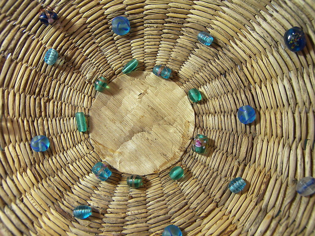 Hand Made Woven Basket with Glass Beads Signed 15.75 x 4 inches