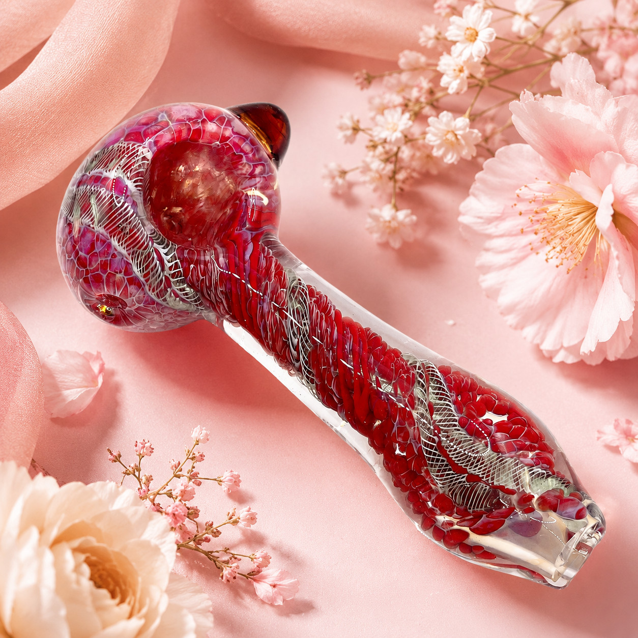 Crimson Red Silver Web Twist Glass Spoon Pipe Amber Marble Accent – 4.5 inch