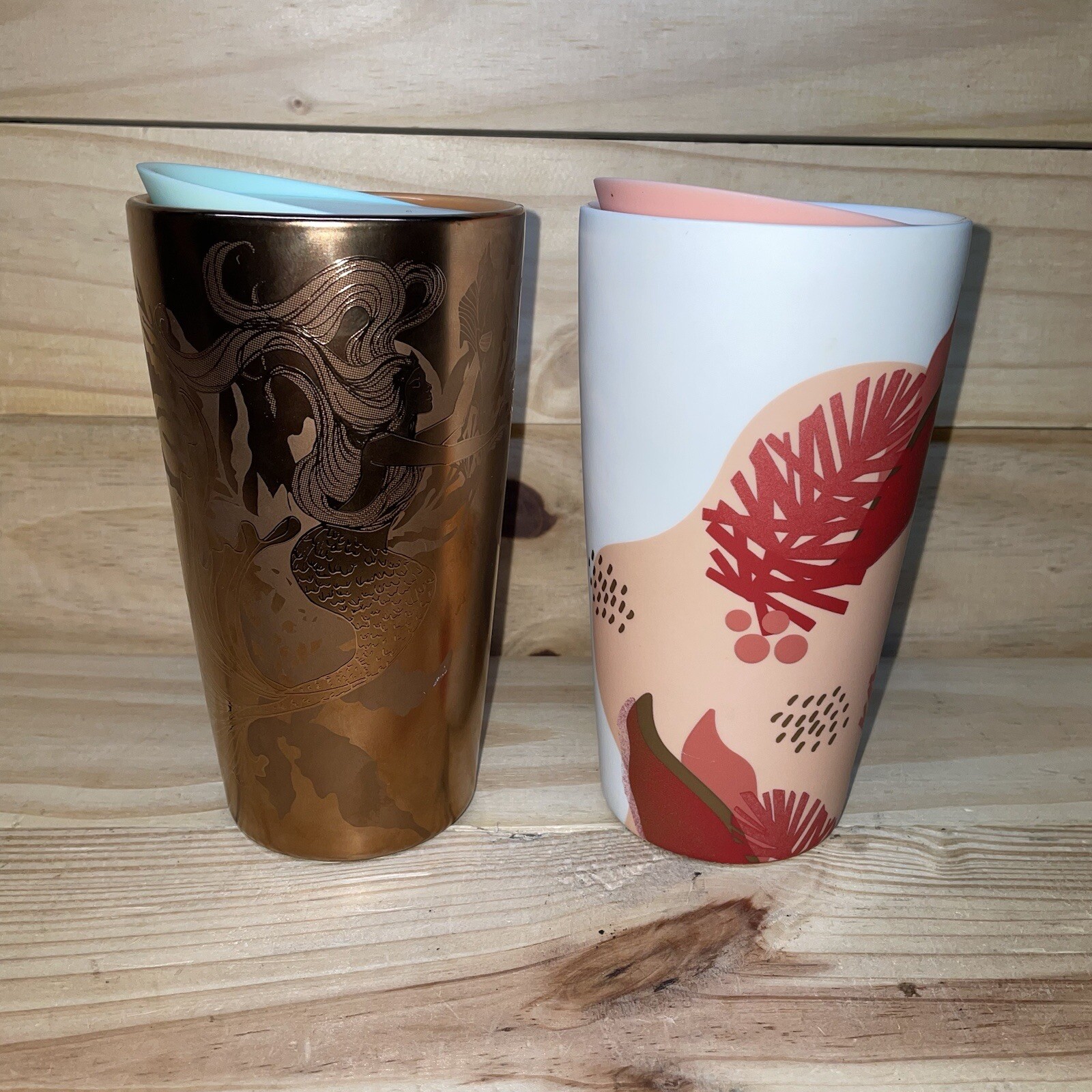 Starbucks Bronze Metallic Siren Mermaid Ceramic/Matte Pink Pinecone Tumbler Lot