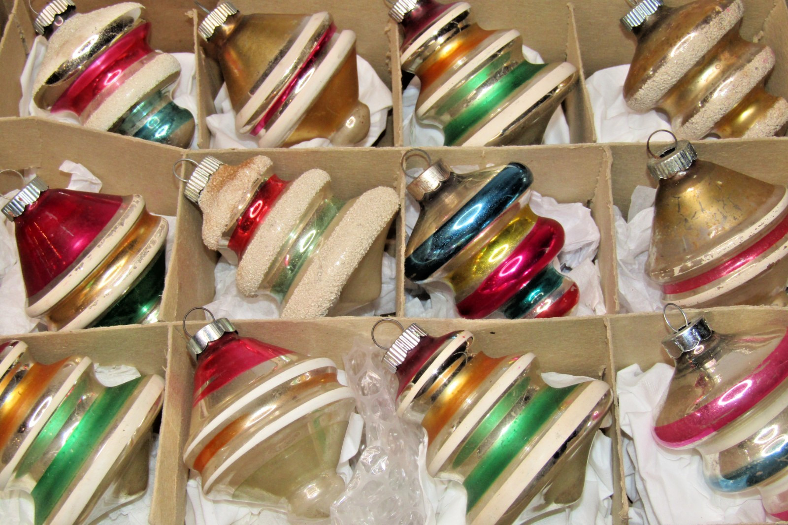 Lot VTG Glass TORNADO TREE UFO Mica DROP Christmas Ornaments Shiny Brite