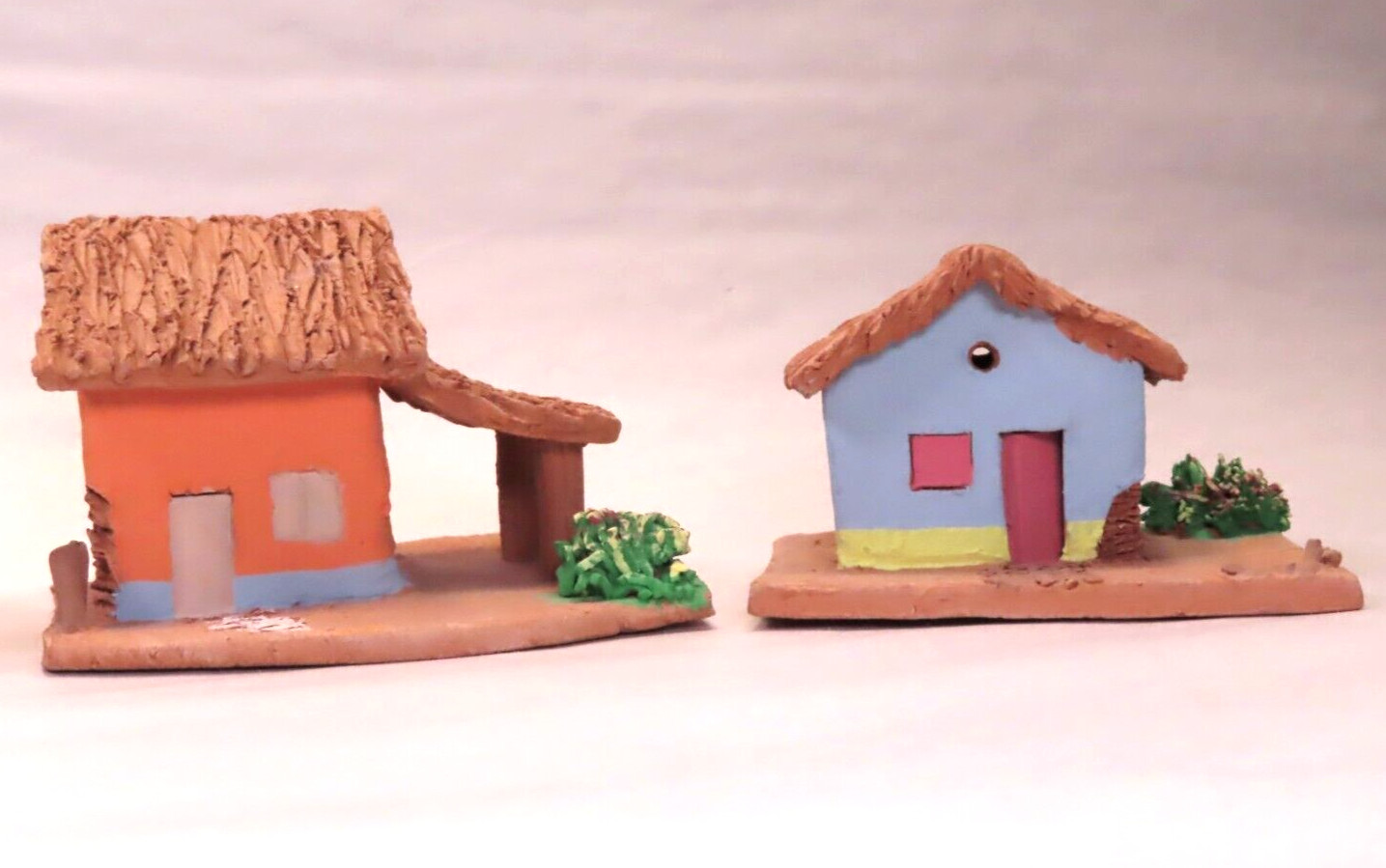 (4) Small Vintage Handcrafted Painted Terra Cota Clay House Folk Art Decor 2″