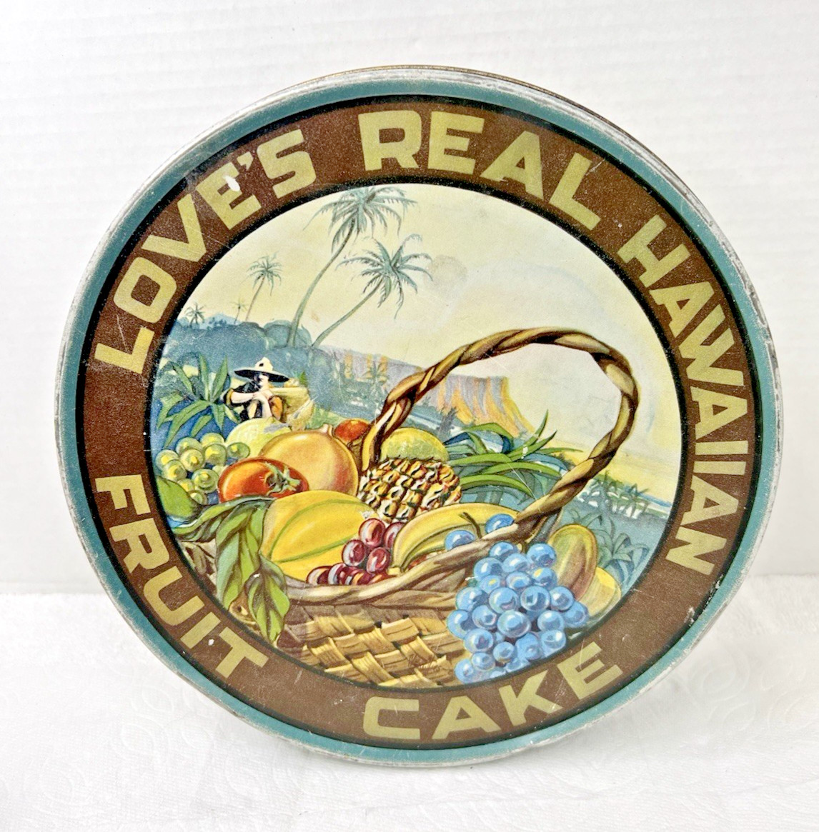 Advertising Memorabilia RARE 1927 Love’s Fruit Cake Tin Honolulu Hawaii 10 3/8