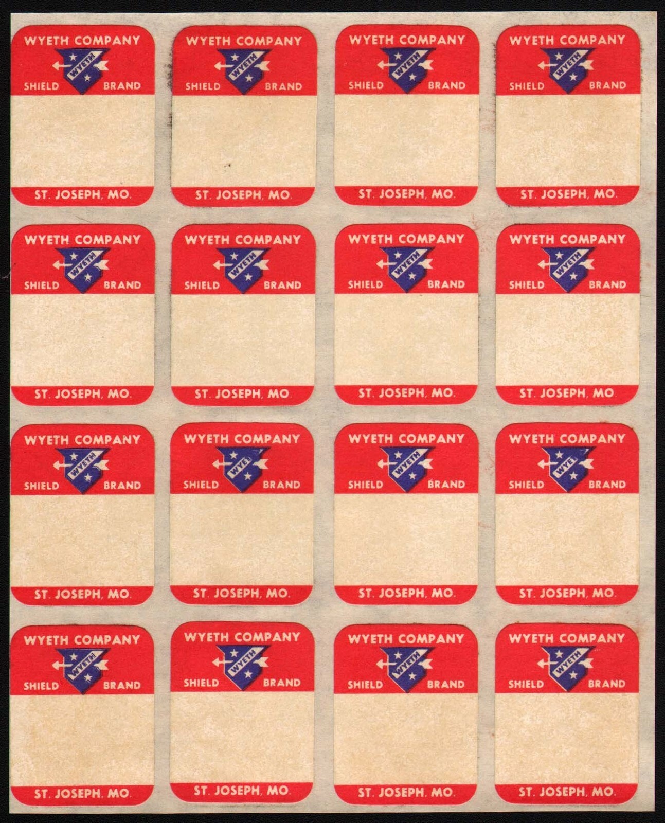Vintage tags WYETH COMPANY hardware St Joseph Missouri sheet of 16 unused exc++