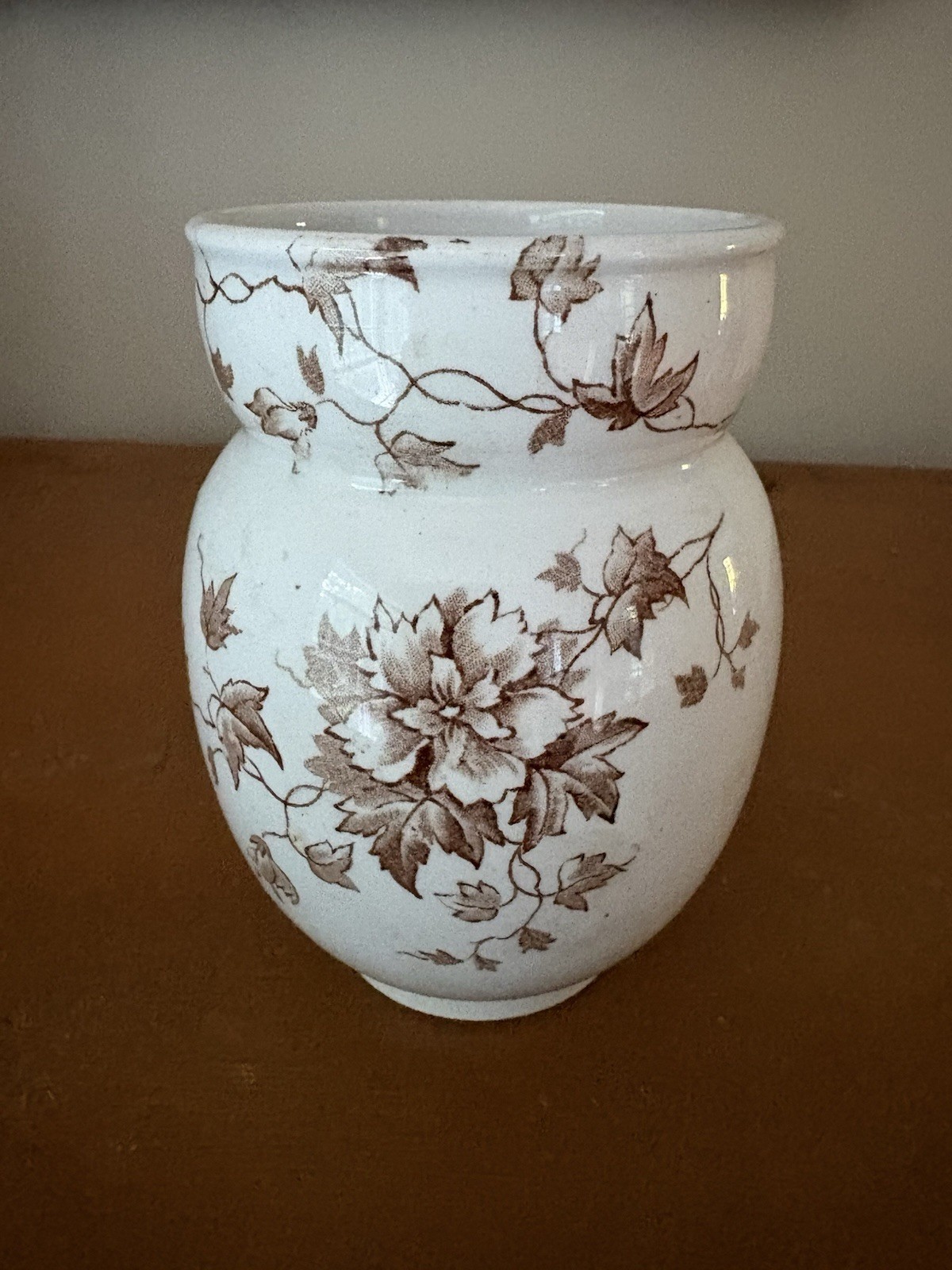 ATQ Brown Transferware Ironstone Vase / Brush Pot -Flowers & Vine Pattern 4.5″ T