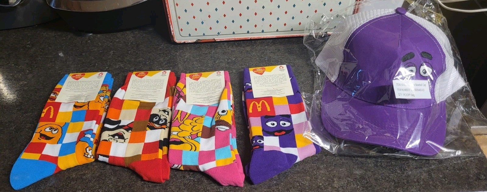 2026 McDonalds CANADA McHappy Day Socks SET OF 4 & RARE STAFF HAT Grimace NEW
