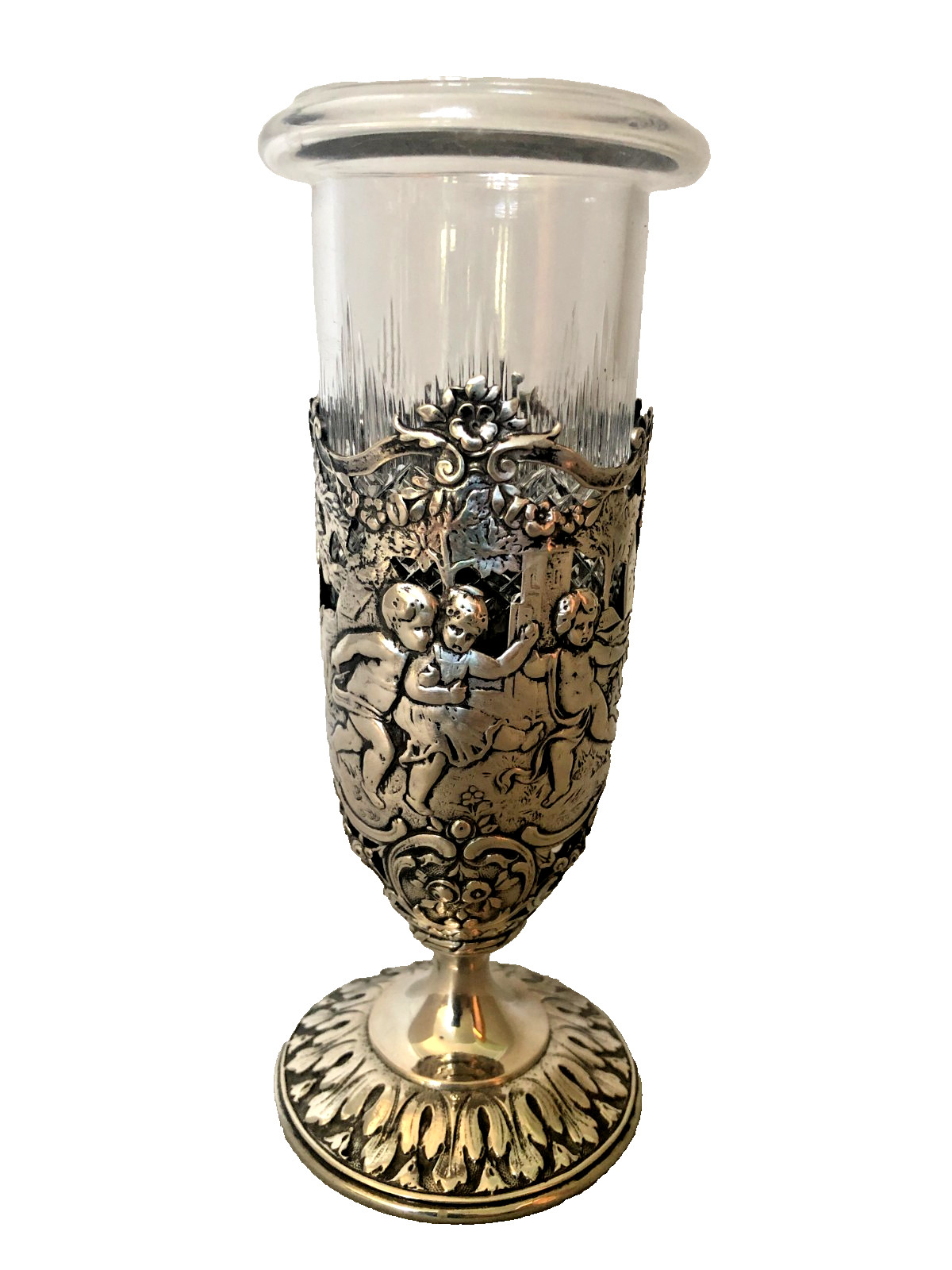 Antique German 800 Silver Figural Vase with Hand Cut Glass Liner, 101 Grams.