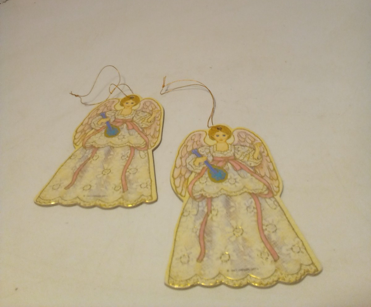 Angel Christmas Ornament 2 Die Cut Cardboard Vintage 1991 Gibson 4.5″ Gold Pink