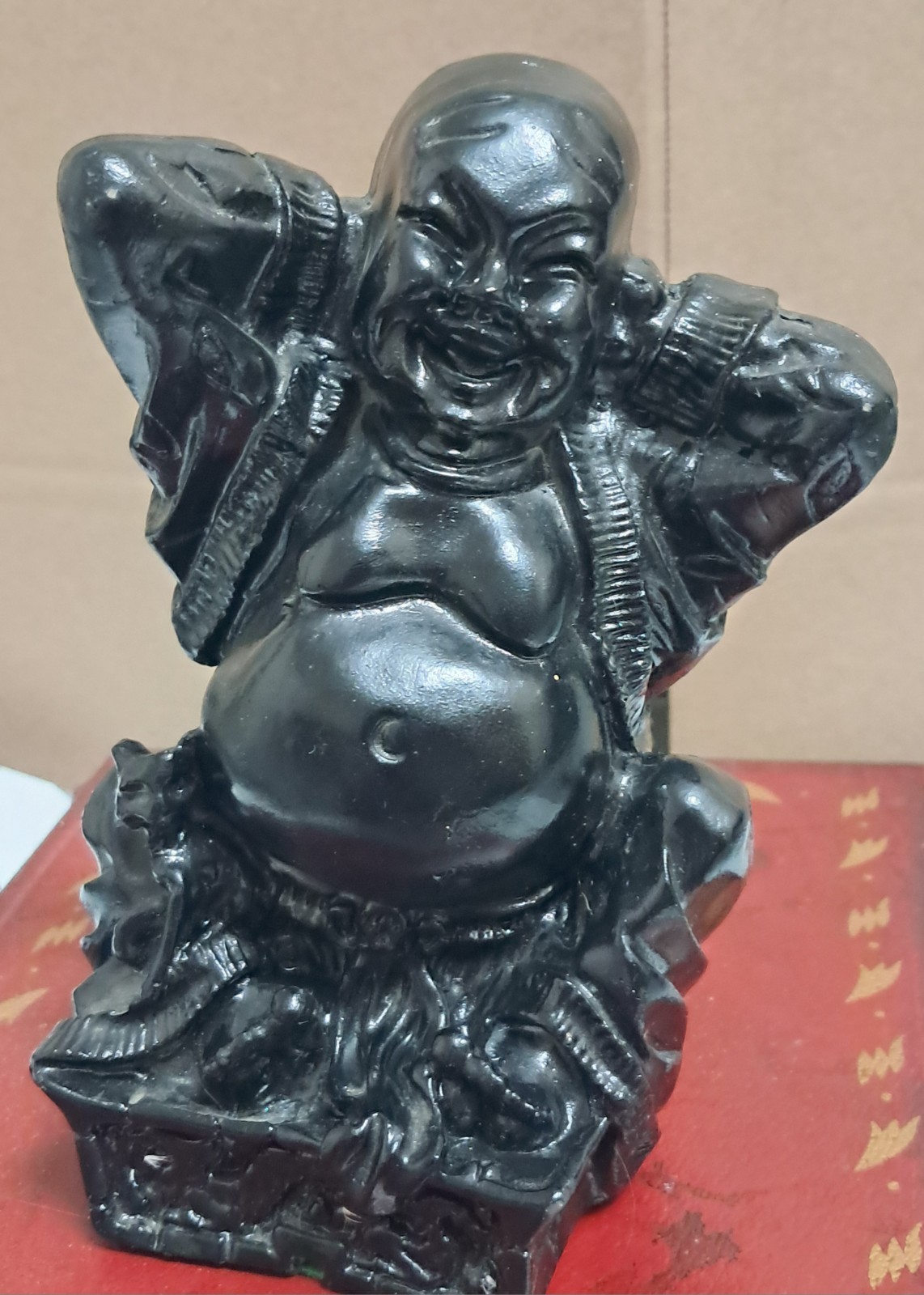 Vintage Happy Buddha figurine 6” Black Glaze Statue Decor Tao Laughing 1 Lb 4 Oz