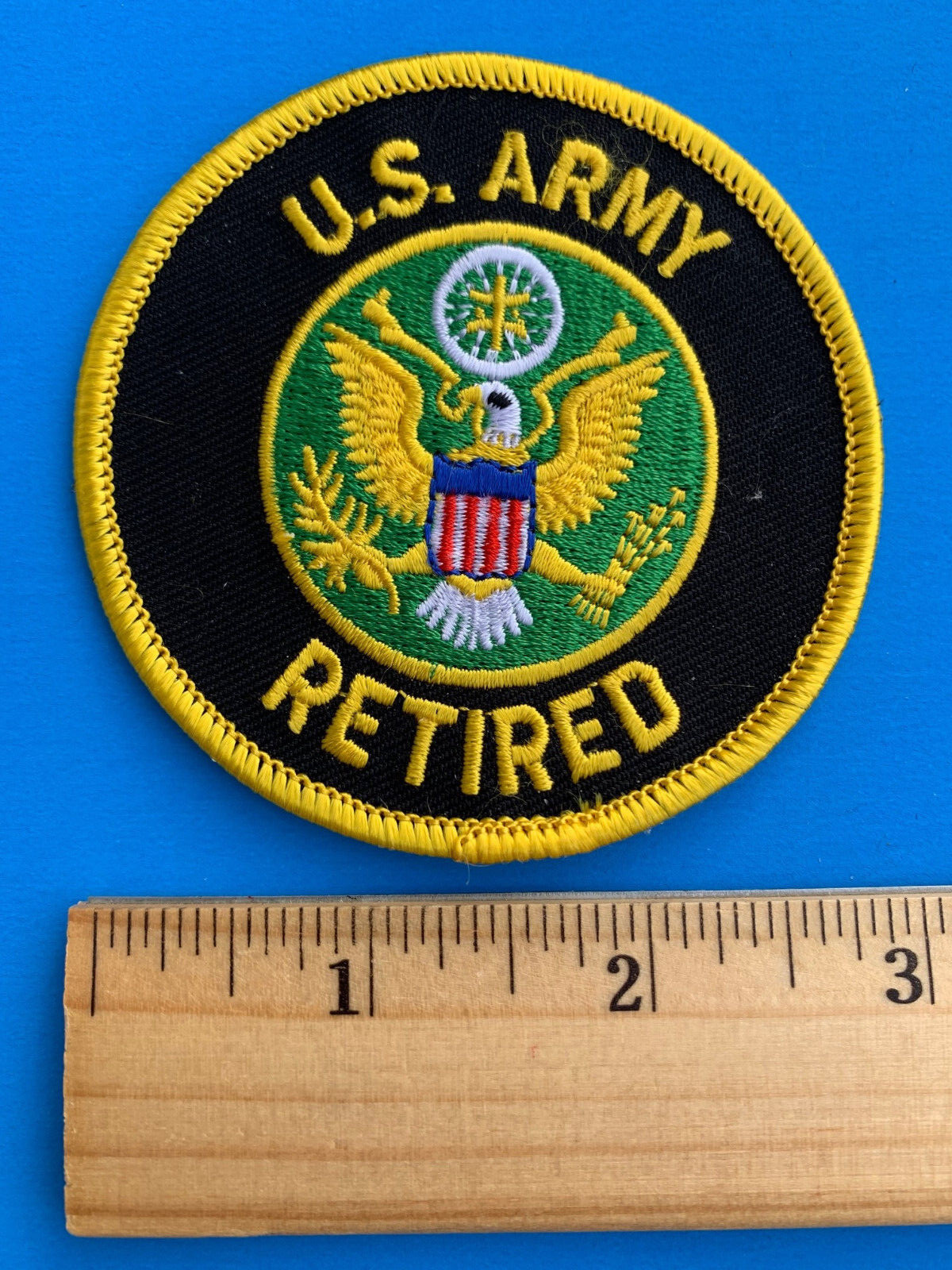 US ARMY RETIRED EMBROIDERED PATCH IRON-ON SEW-ON 3″ ROUND APPLIQUE- HI QLTY