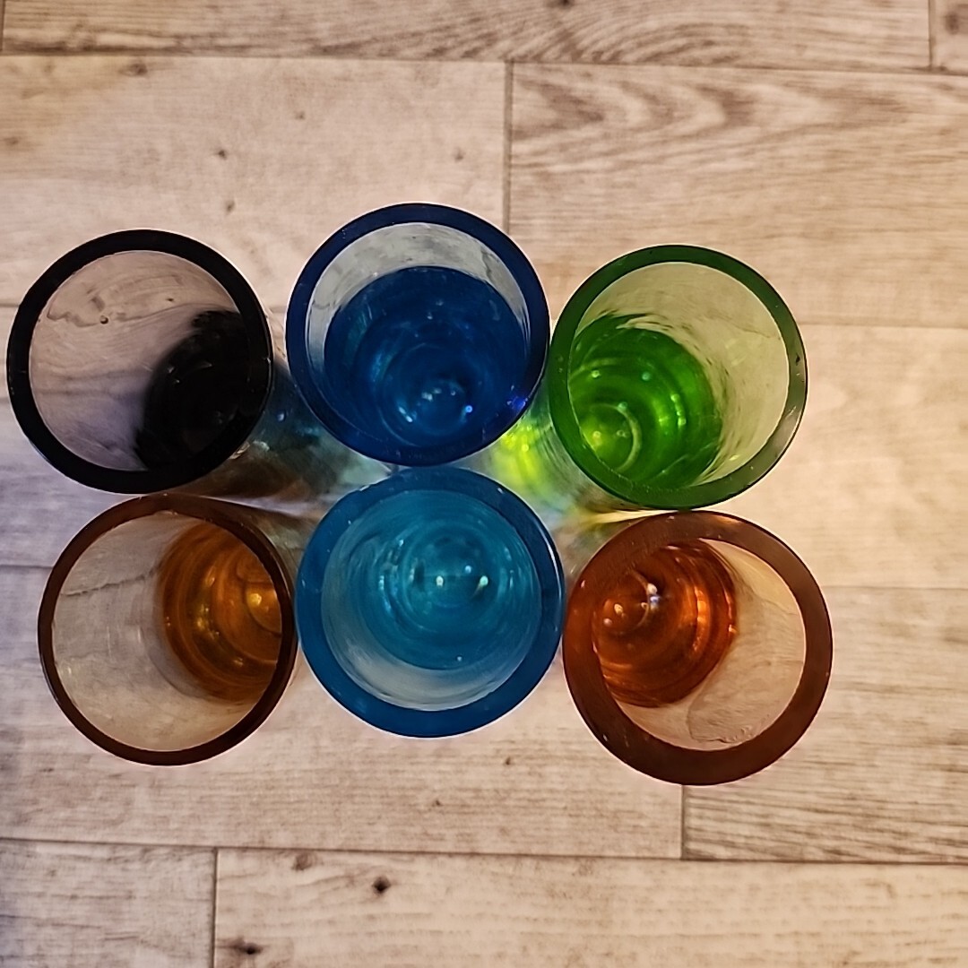 6 Antique GLOWING Shot Glasses Multi Color Cordial Set In Carrier Holder AS IS