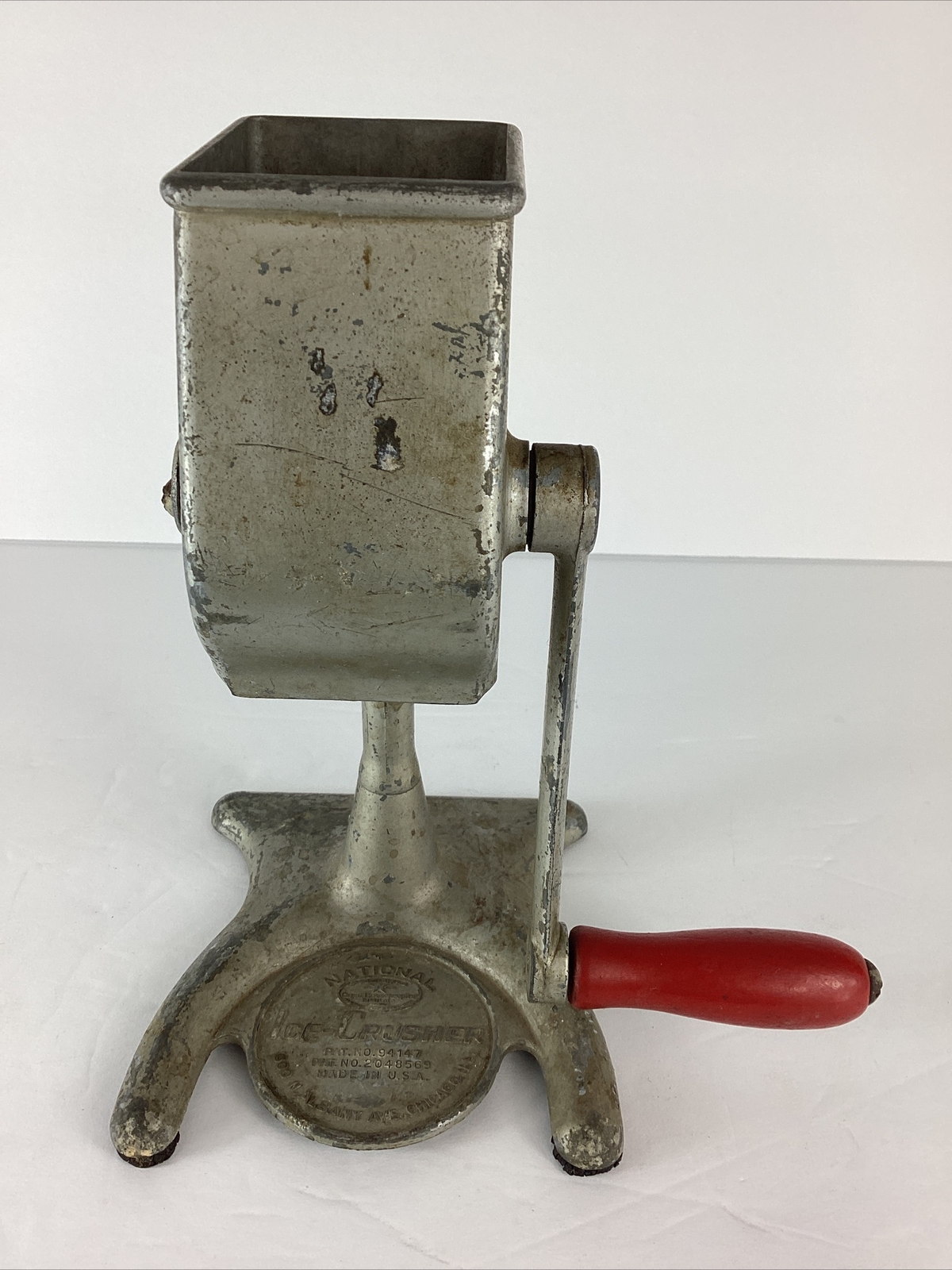 Vintage National Brand Metal Ice Cube Crusher 1950s Model IC-1 Red Hand Crank