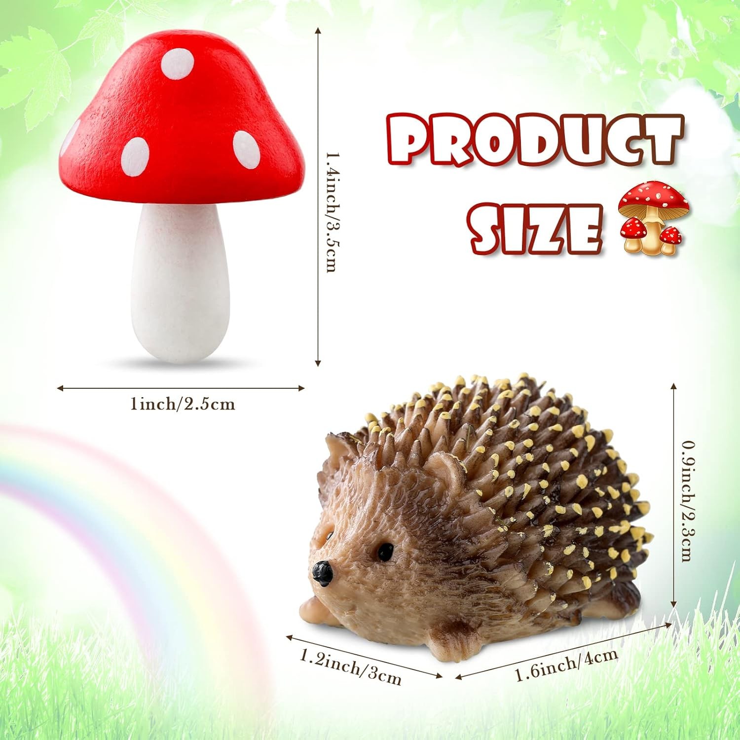 Queekay Resin Hedgehogs & Mushroom Sculpture Garden Decor 6pcs Red