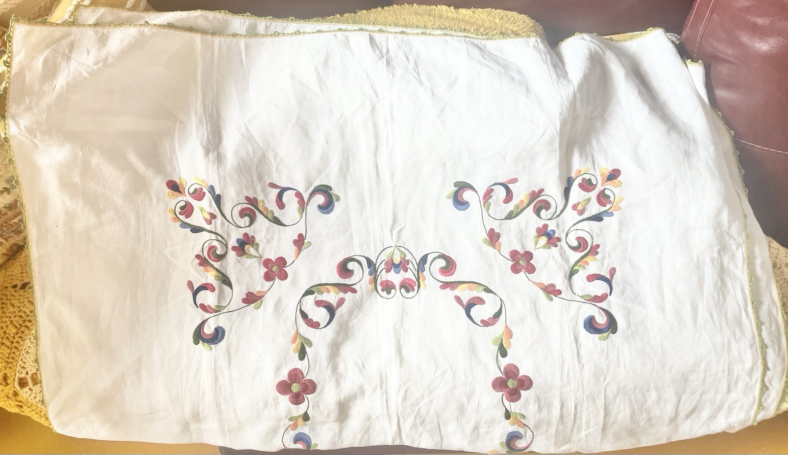 Vintage Embroidered Multicolor Tablecloth White Floral Scrolls 58×45 Flaw