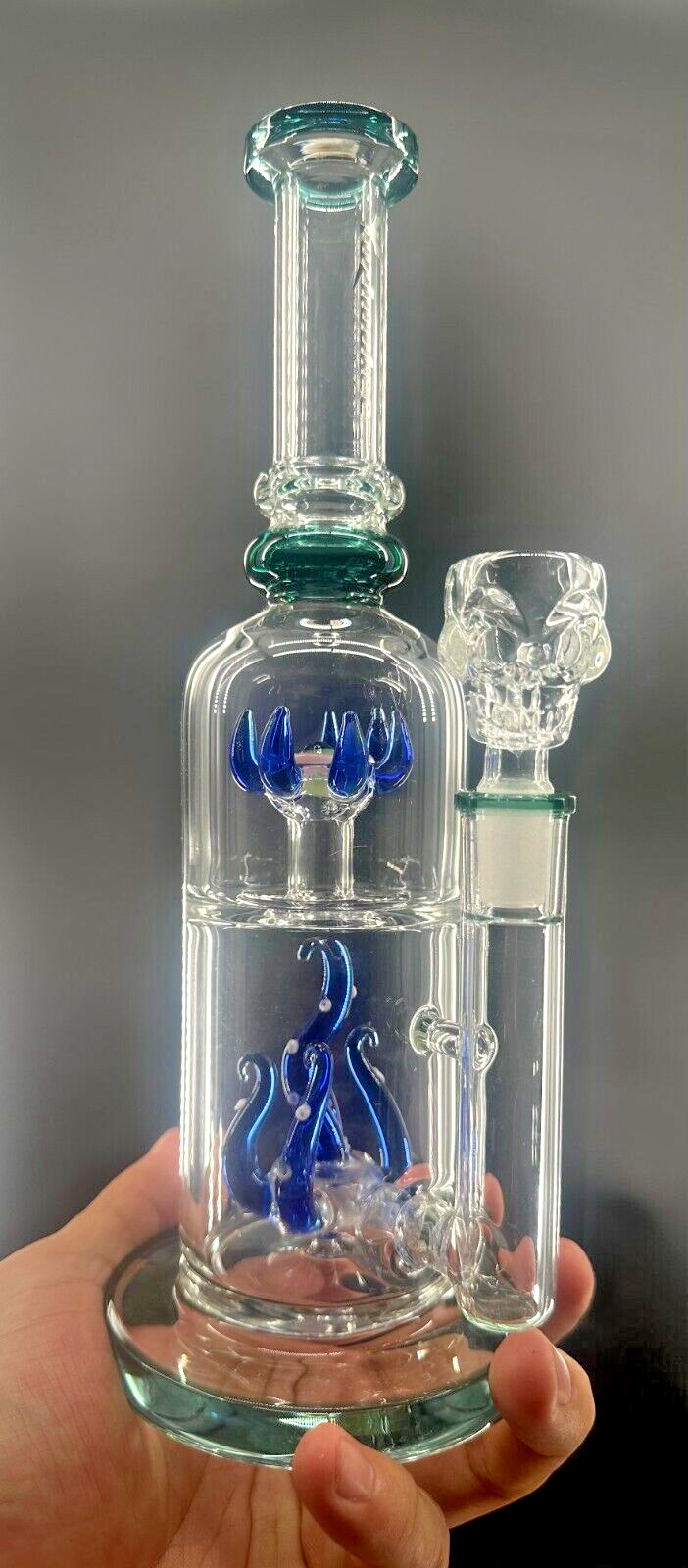 11″ Blue Green Recycler Glass Bong 14mm Bowl Water Pipes Hookah