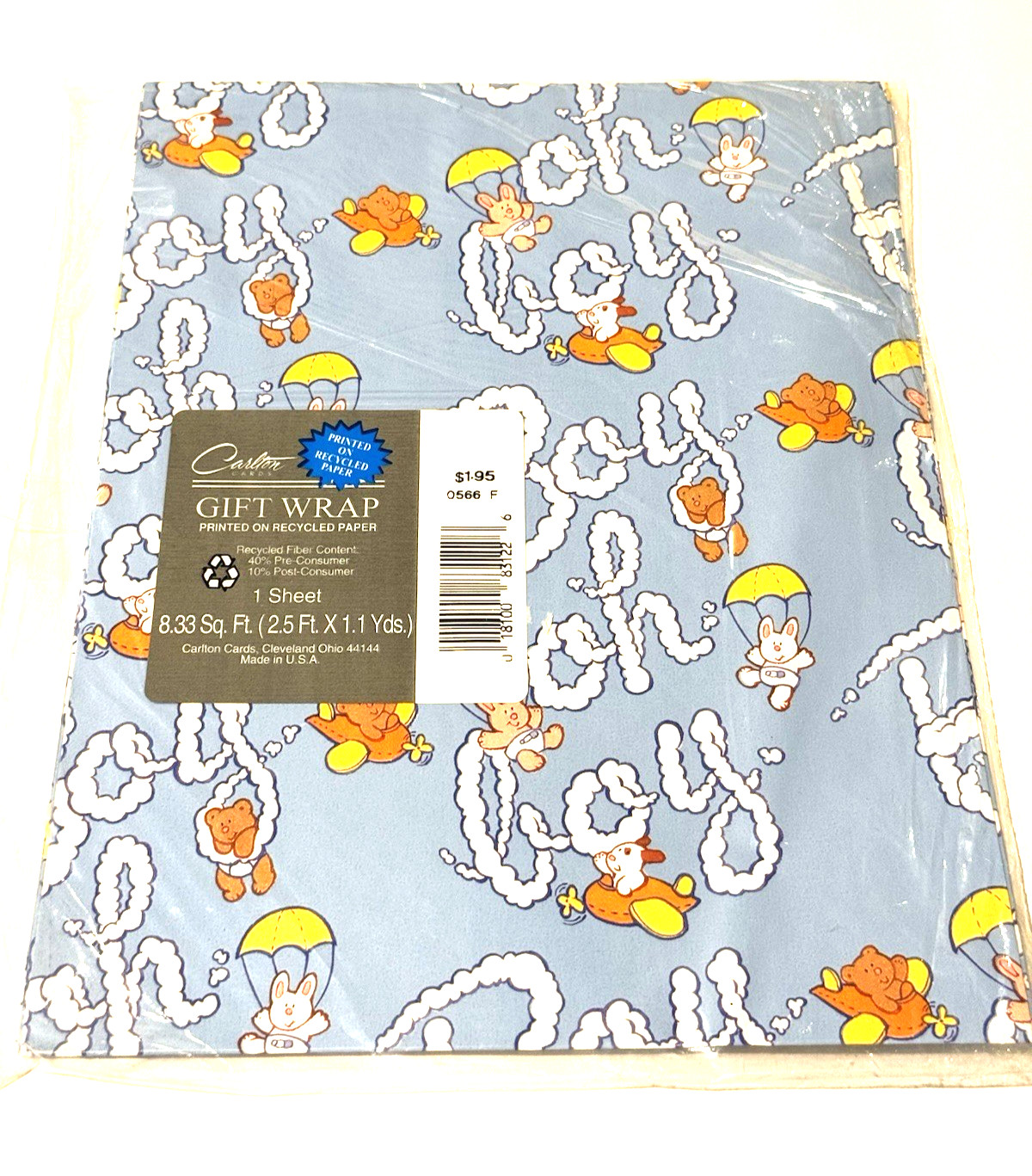 VTG Carlton Cards Flat Gift Wrap Baby Shower Boy Airplane Bunny Rabbit Blue NOS