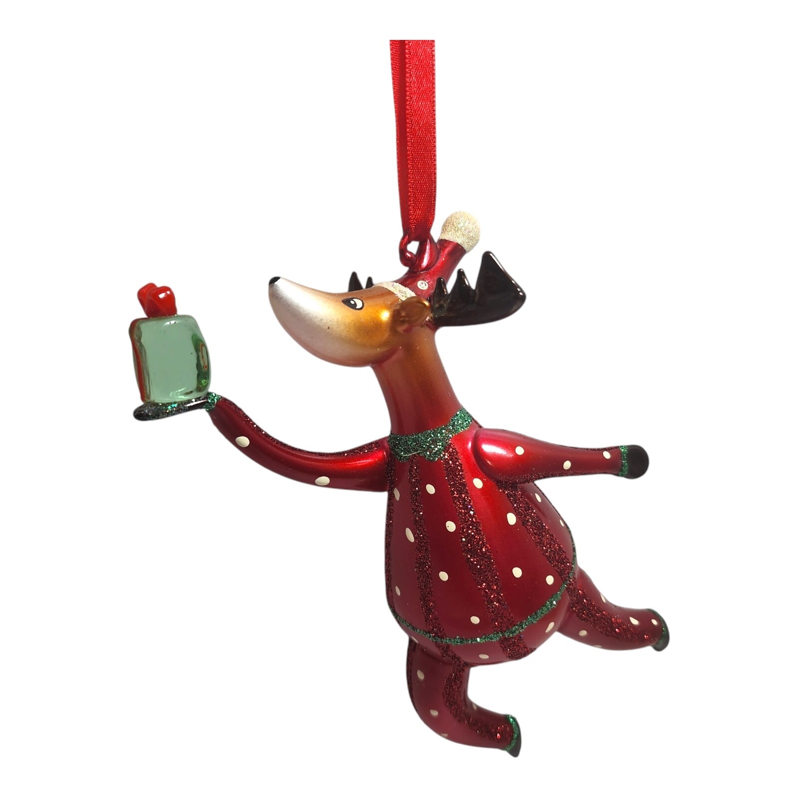 Blown Glass Reindeer in Pajamas 6” Christmas Tree Ornament Boxed Handmade Gift