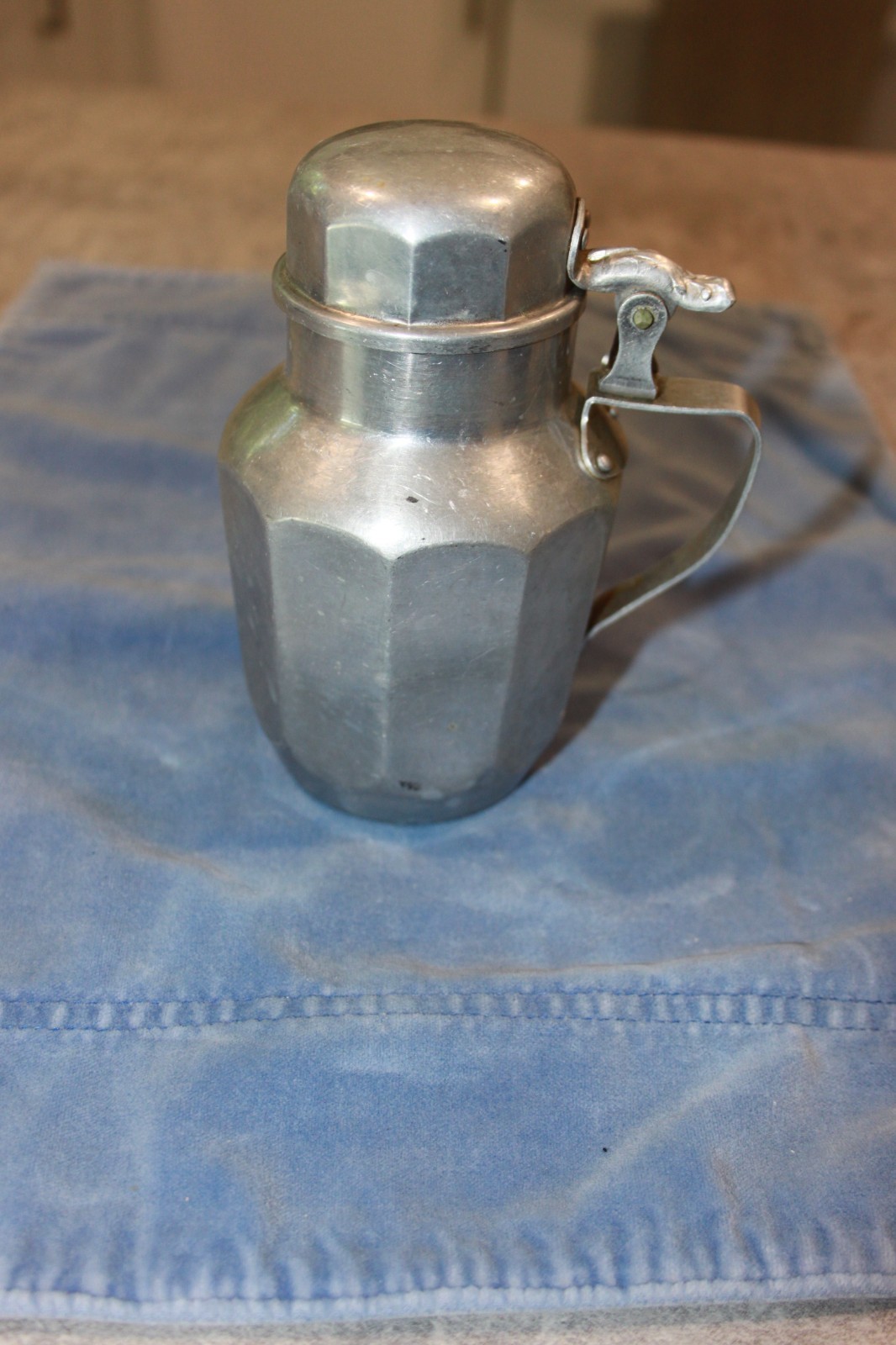 Vintage Aluminum Syrup Pitcher Creamer farm style with handle and hinged lid