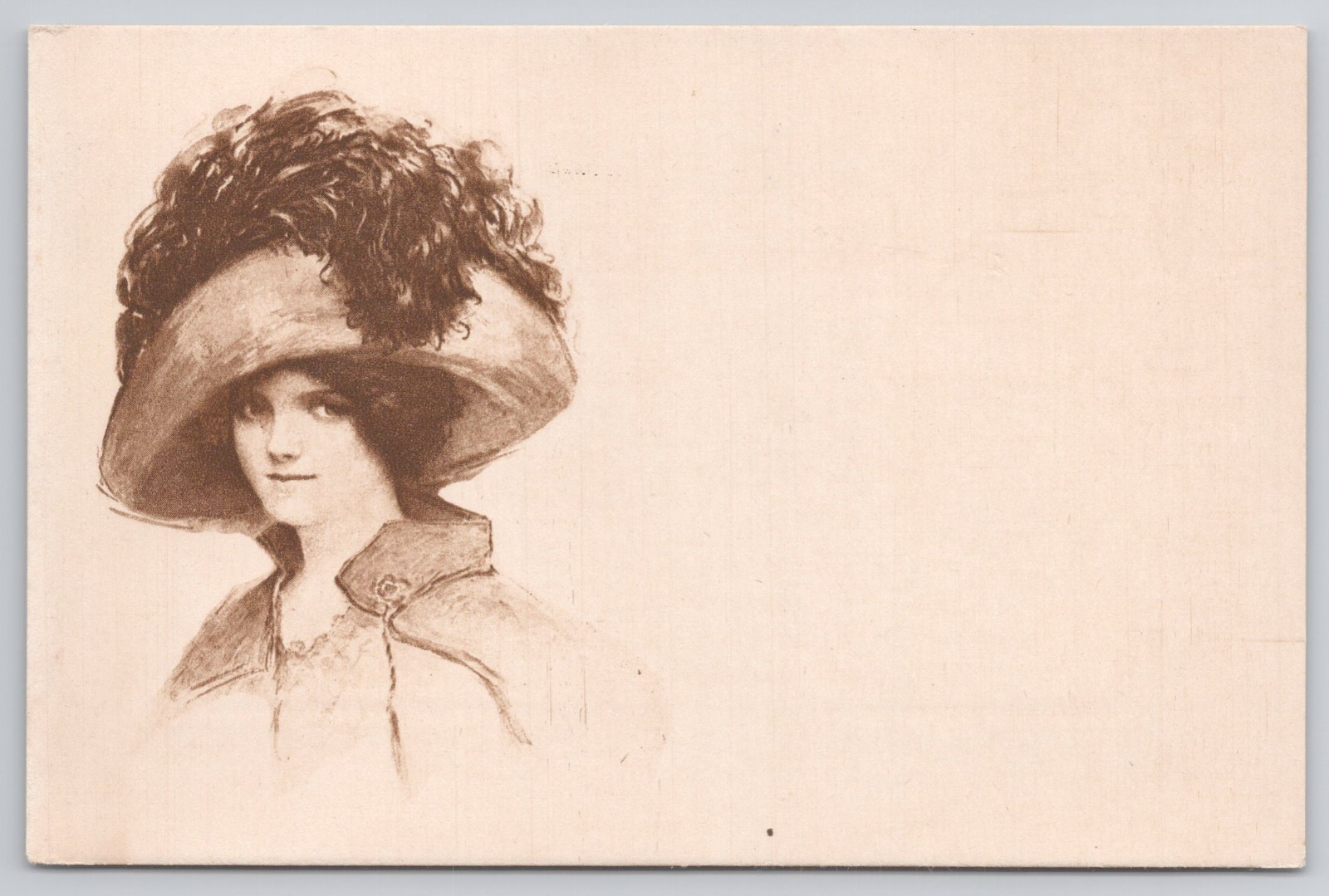 Postcard Art Nouveau Gibson Girl Large Feather Hat Sepia Portrait Unposted