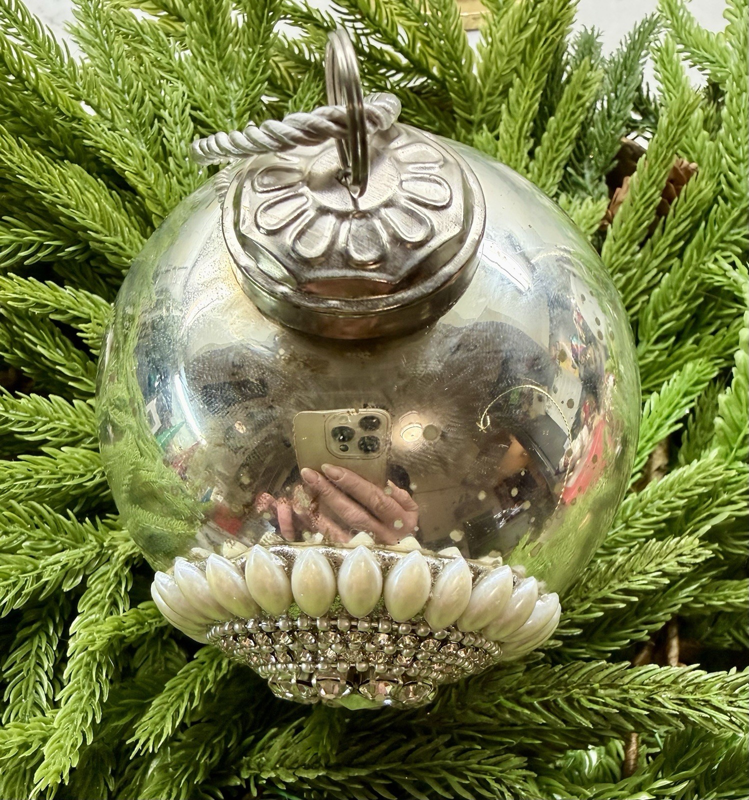 Antiqued Silver Mercury Glass Jeweled Pearl Kugel Ball Christmas Ornament 4”