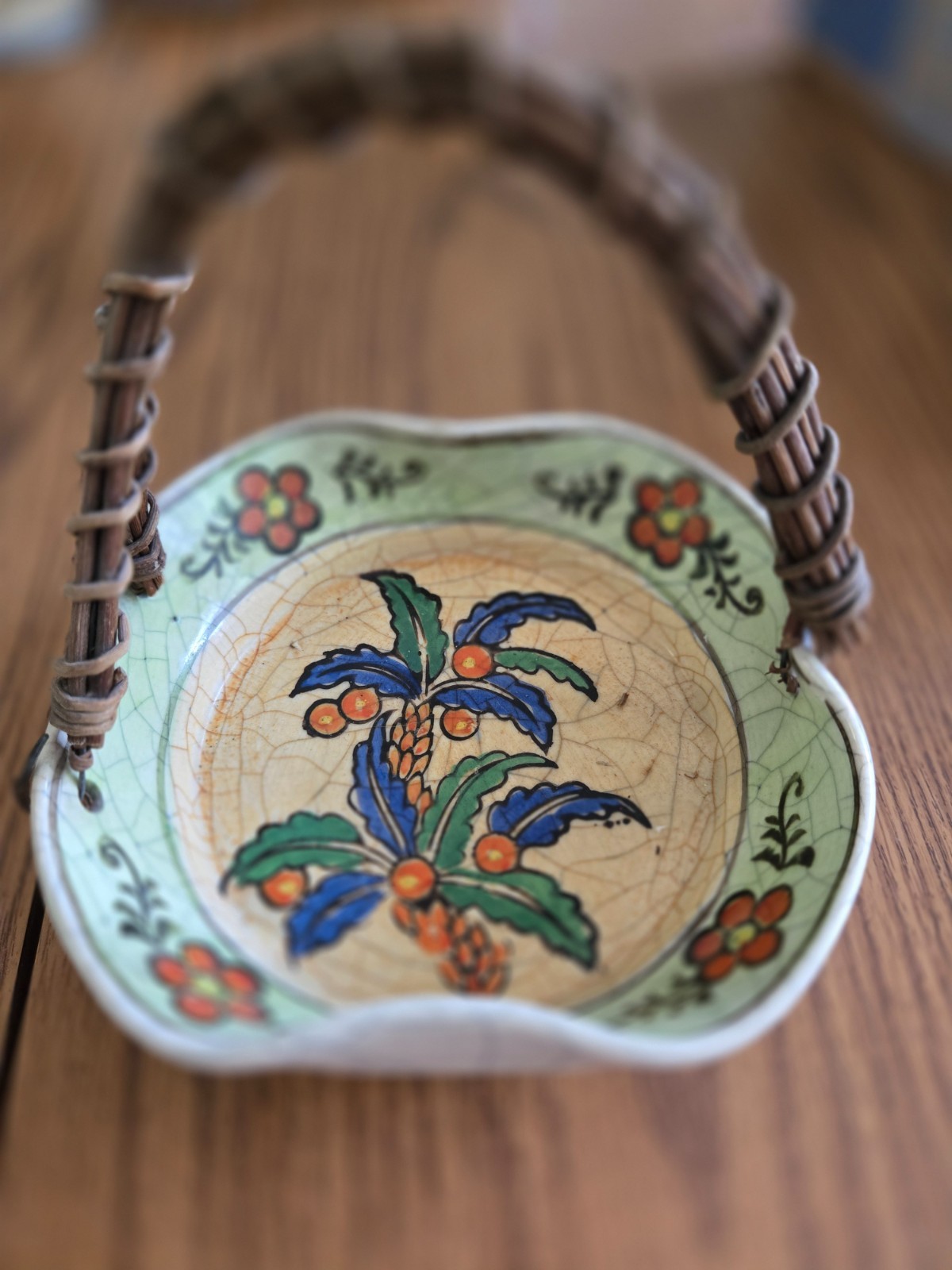 Made in Japan ceramic floral basket bamboo handle mosaic pattern