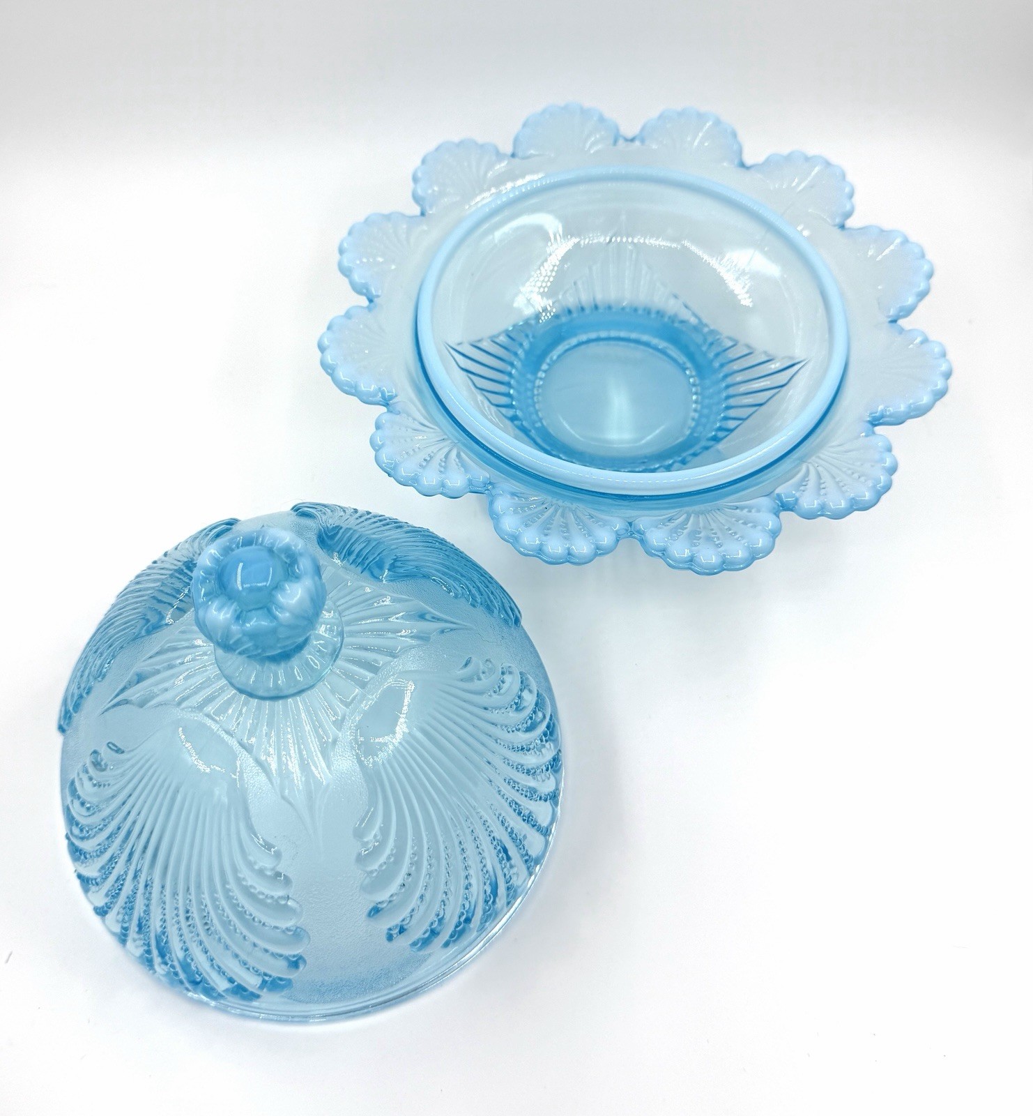 Mosser Glass Light Blue Shell Pattern Dome Butter Dish, Made Cambridge, Ohio