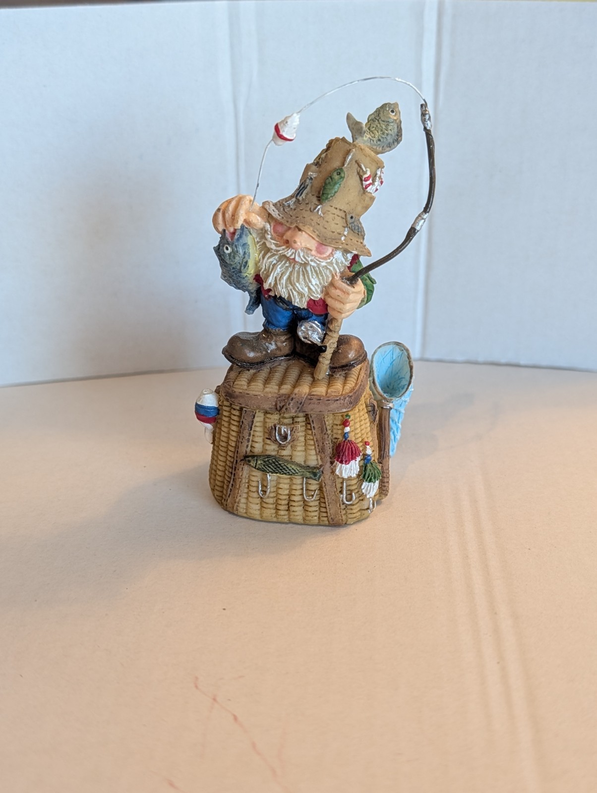 VTG GANZ Fisherman Gnome Resin Figurine Creel Basket Base Fishing Ornament 1990