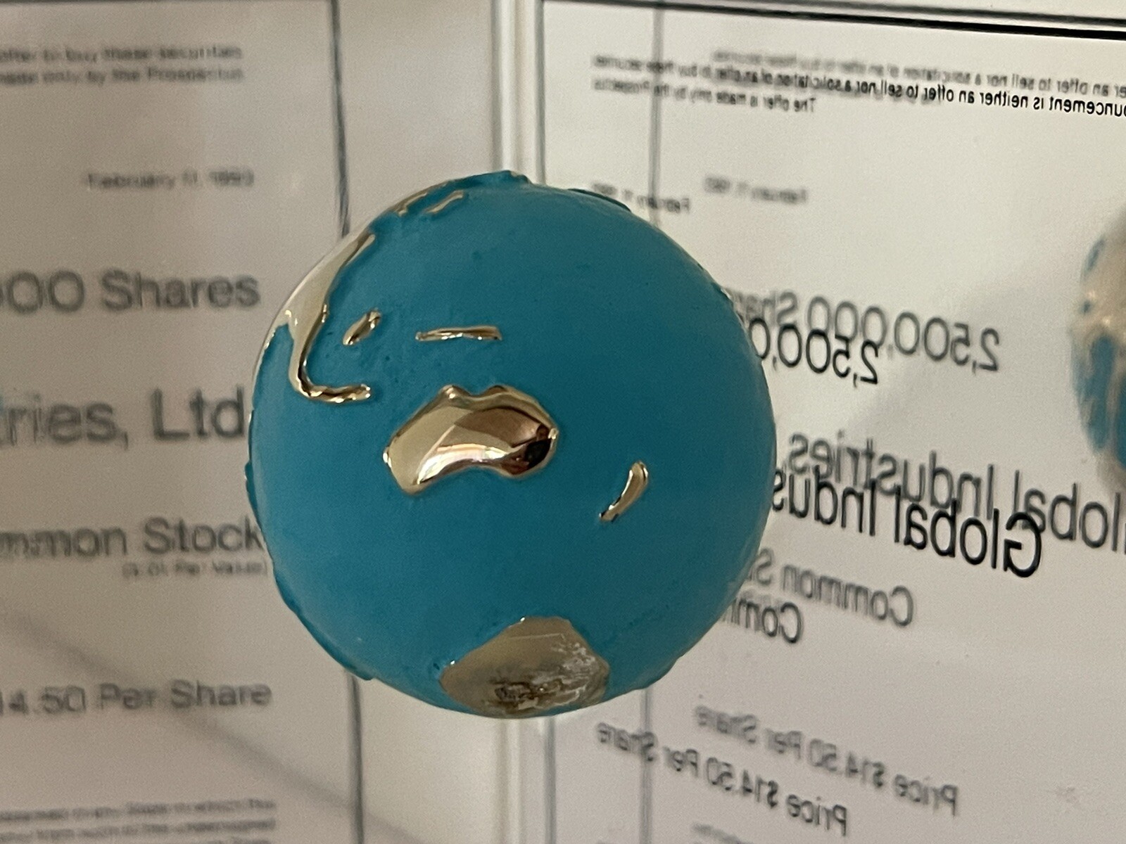 Acrylic Triangle Paperweight Floating Blue & Gold Globe Advertising