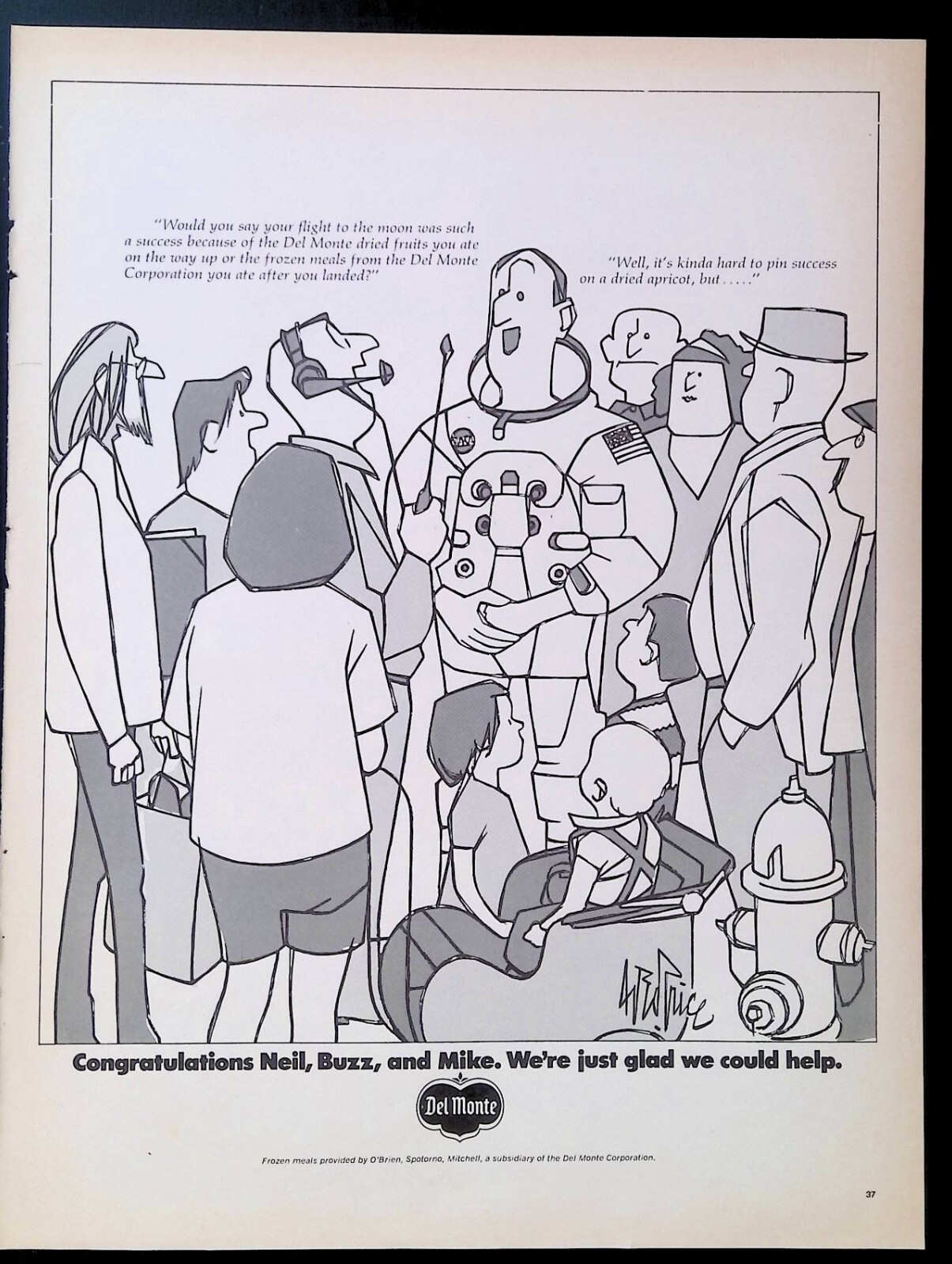 Print Ad 1960’s Apollo 11 Astronaut Neil Buzz Michael Del Monte Illustration