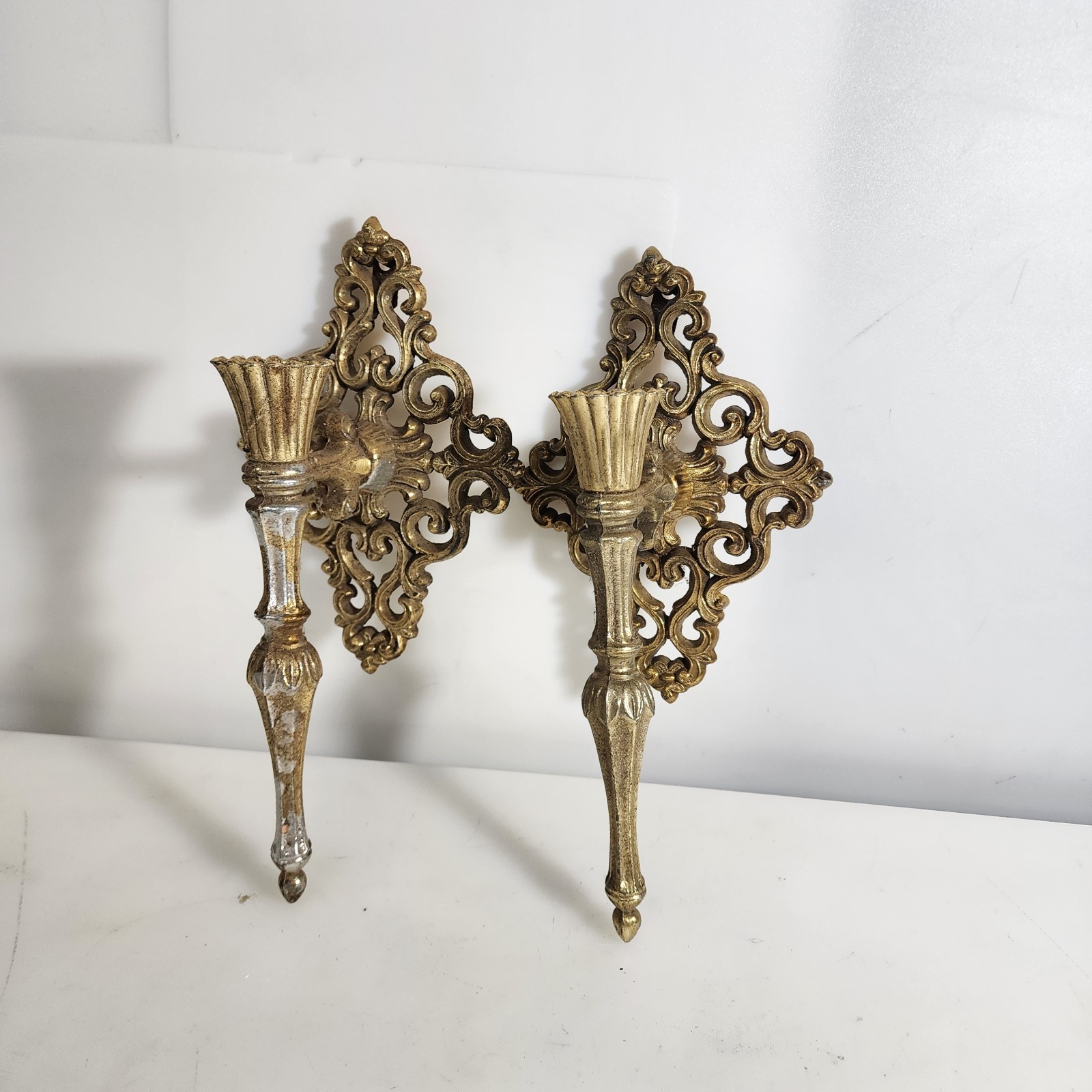 Vintage Hollywood Regency Wall Sconce Candle Holder Cast Metal Gold Set of 2