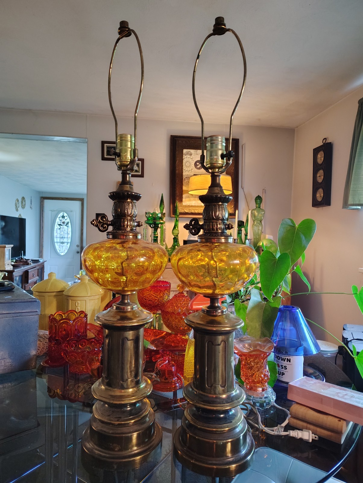 Mid Century Optics Glass And Brass Hollywood Regency Lamps (Pair)