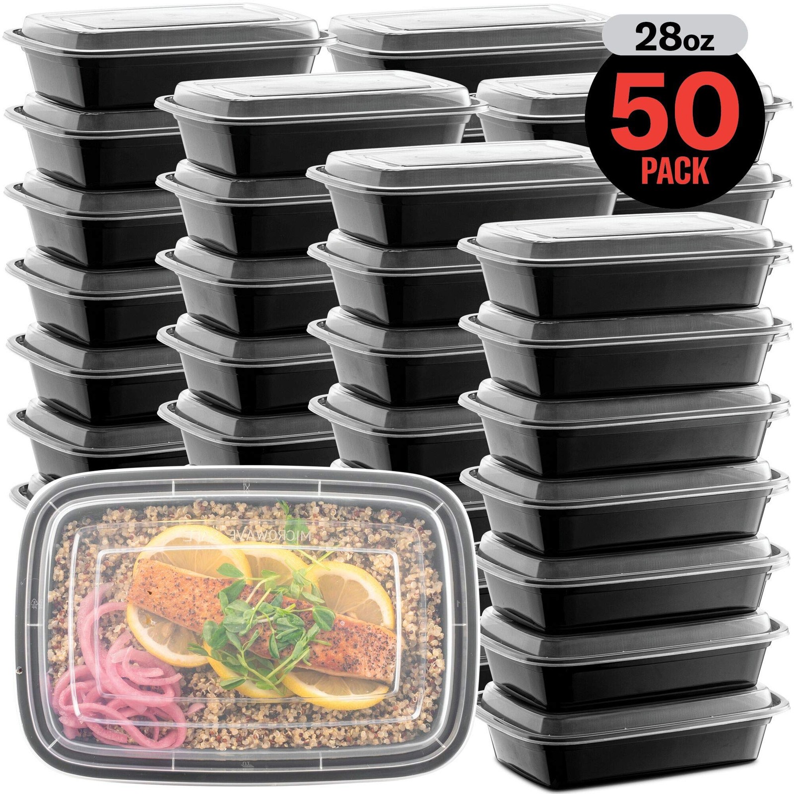 50-Pack Reusable Meal Prep Containers Microwave Safe Food LARGE, Black