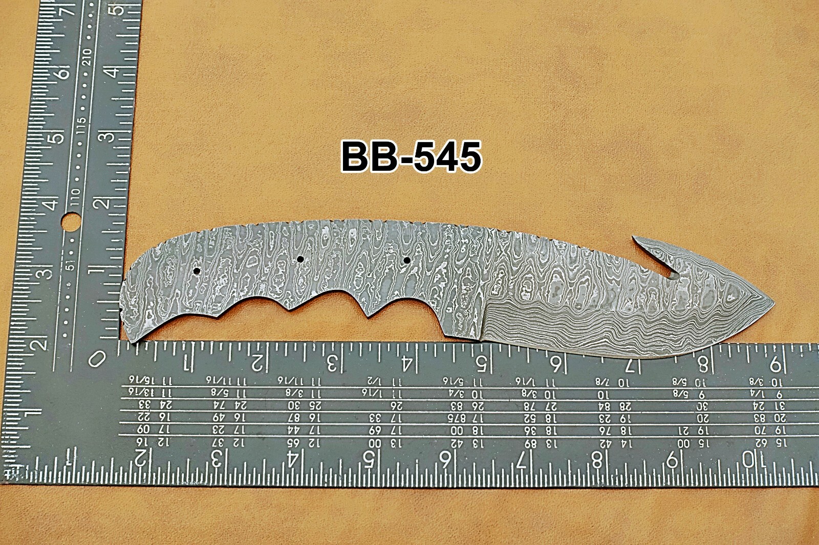 9″ long gut hook trailing point Damascus steel blank blade, 3.5″ Cutting edge