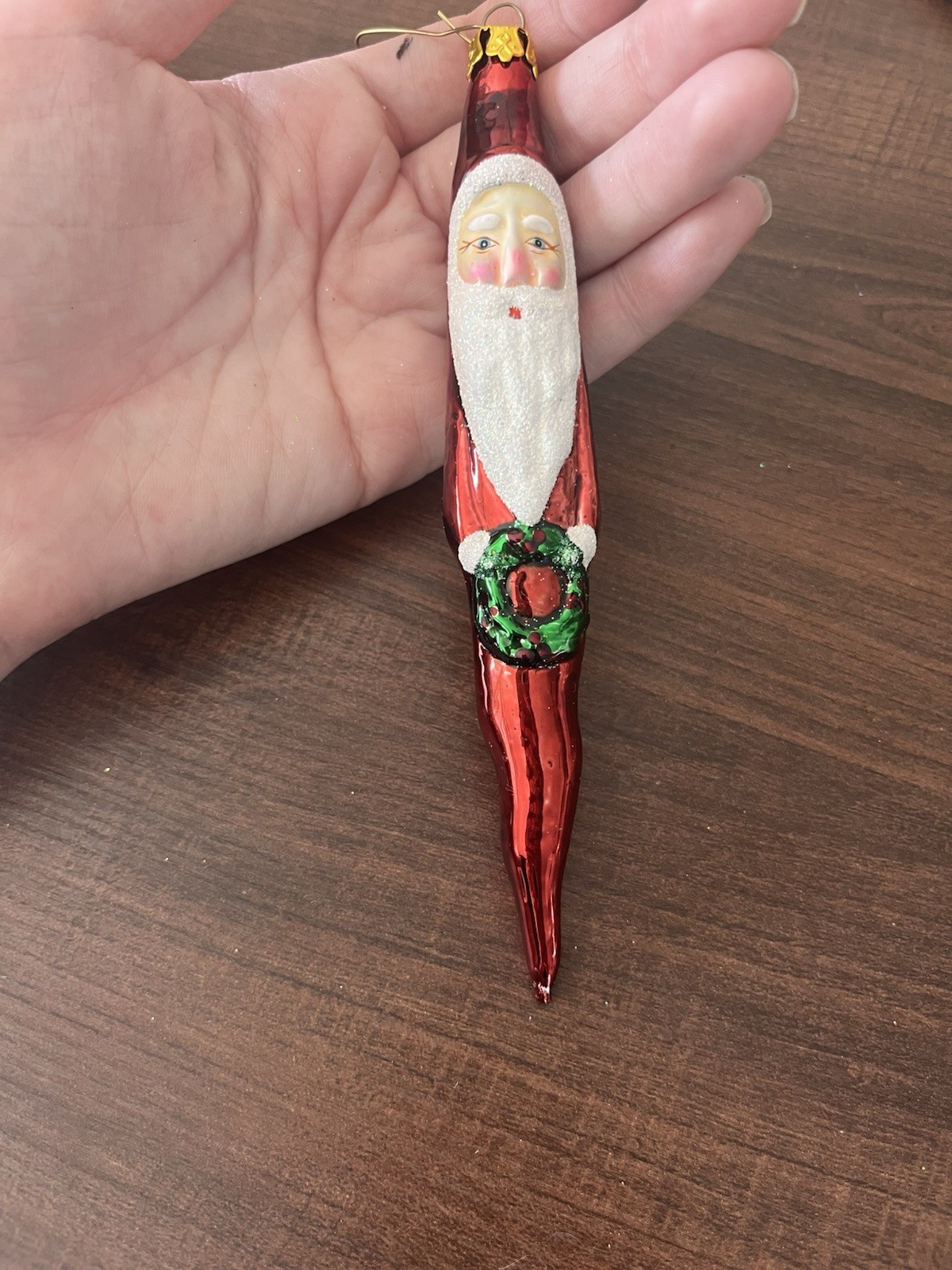 Vintage Glass Santa Claus Icicle Ornament Red Holding Wreath Hand Crafted