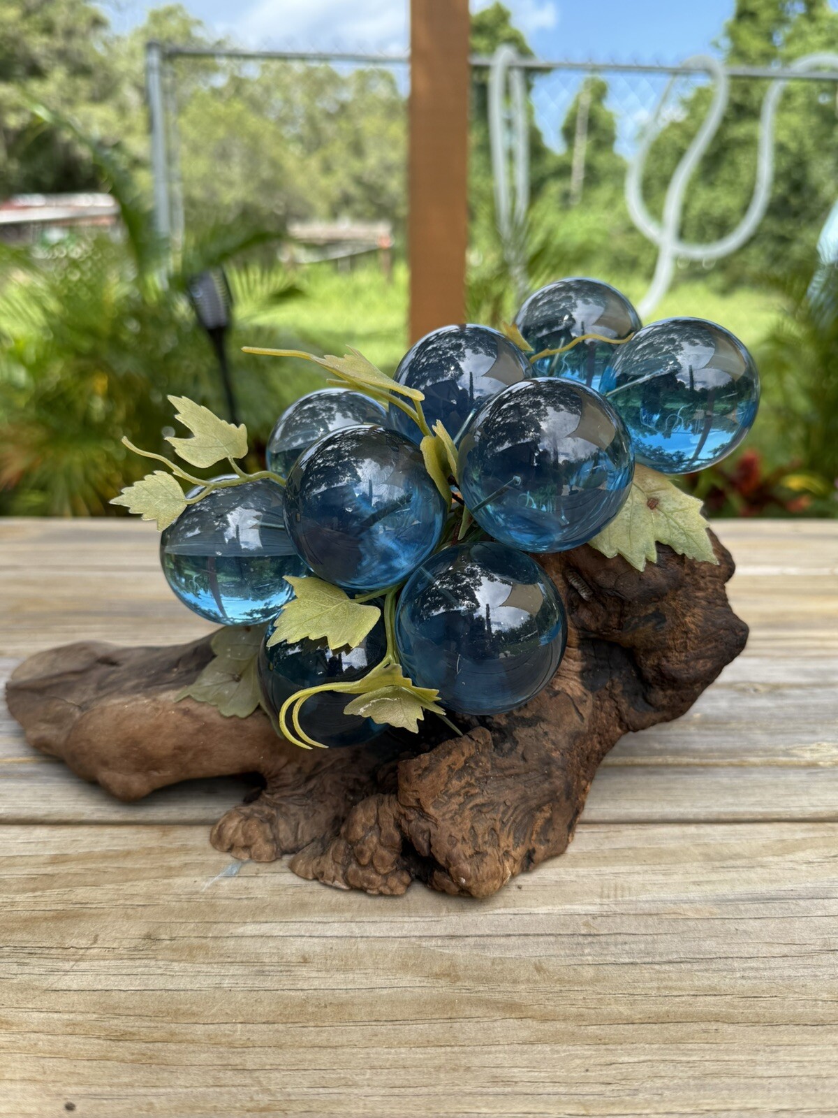Vintage MCM Lucite Acrylic Large Blue Grape Cluster On Driftwood