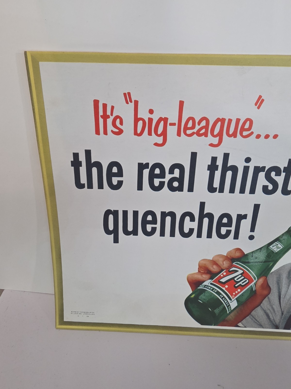 Vintage 1956 Original 7-Up Soda Cardboard Litho Sign w/ Baseball Boy 21″ X 11″