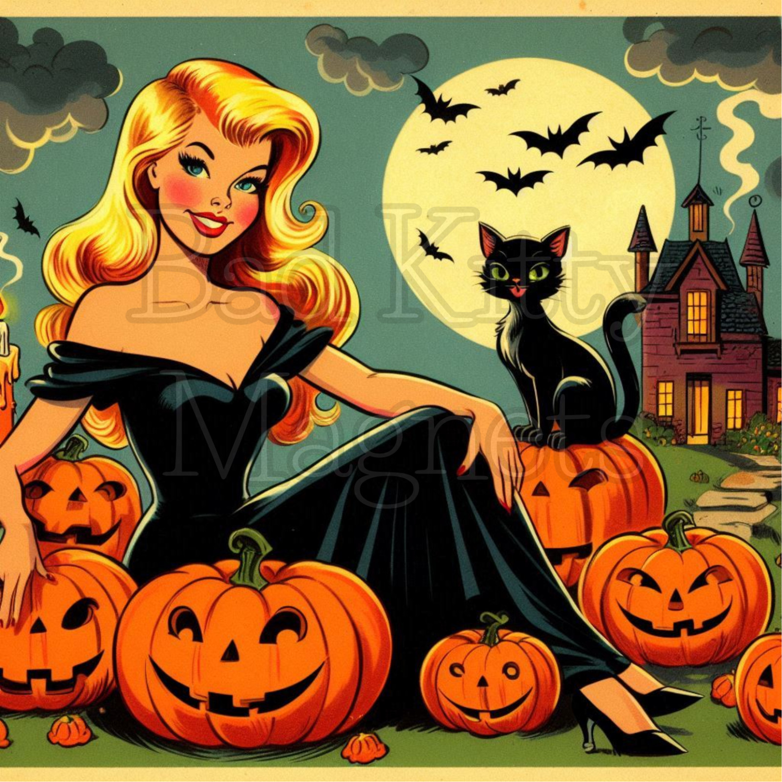 retro vintage Halloween woman black cat High Quality Metal Magnet 4×4 inches 654