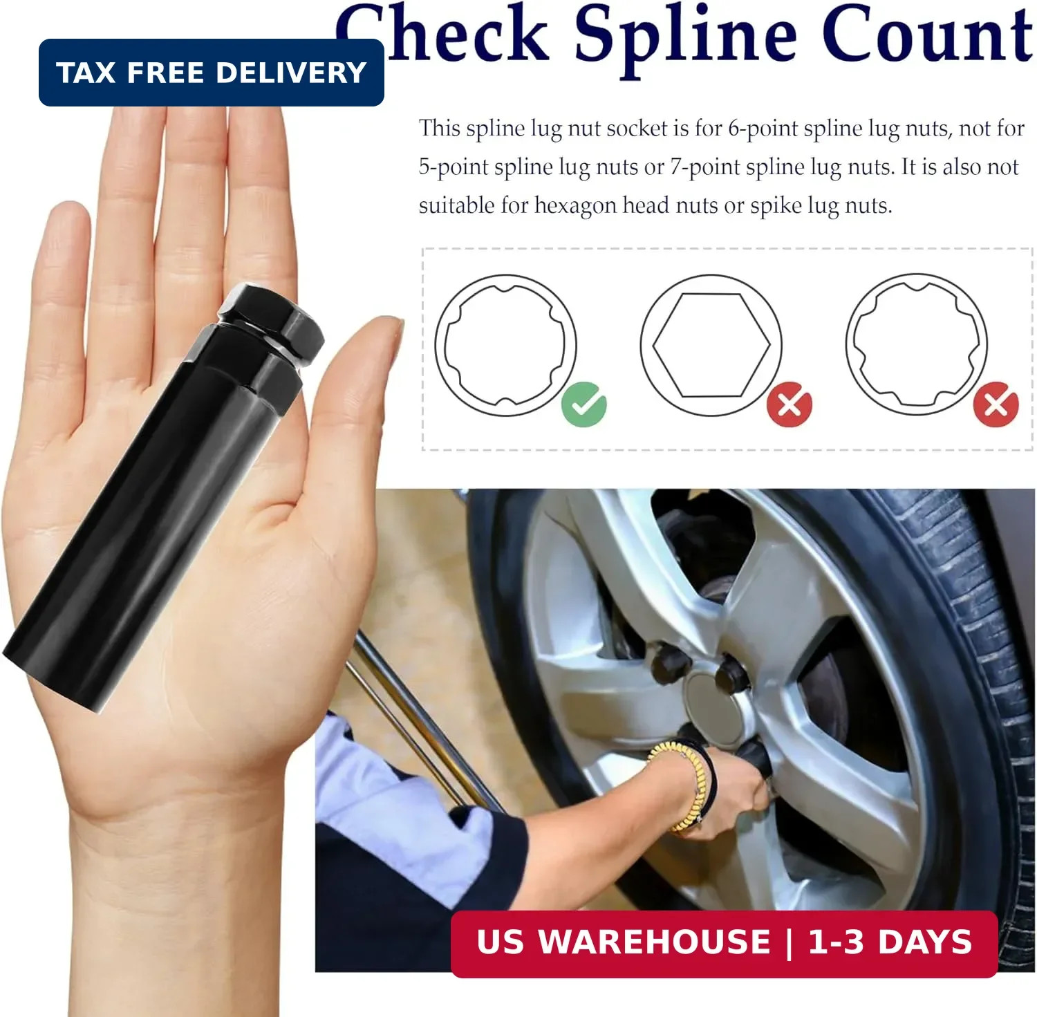 Large 6 Spline Lug Nut Socket,Wheel Lock Key Replacement for Aftermarket 6 Splin
